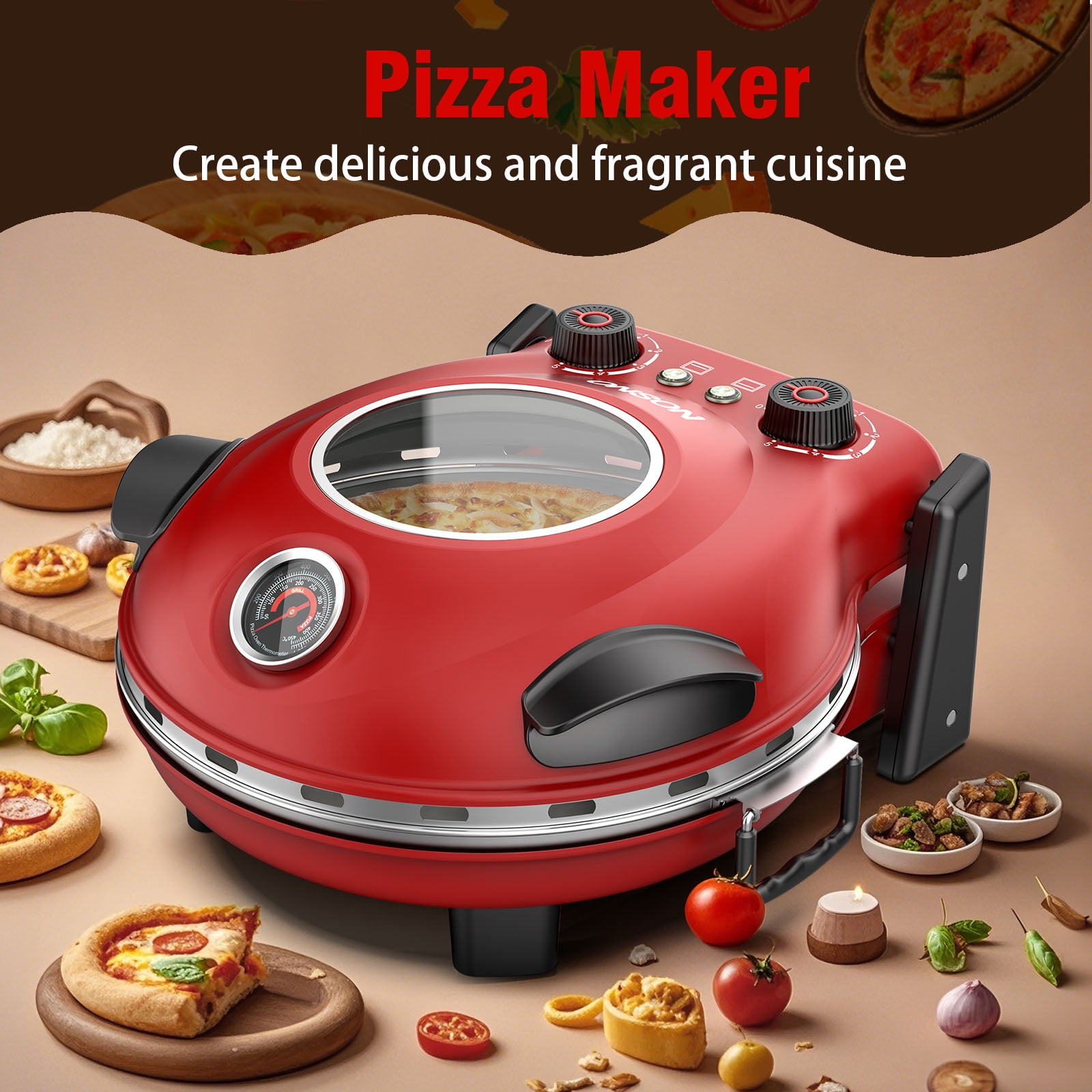 ONSON Pizza Maker with Ceramic Stone, Heats up to 800°F, 12 Inch Countertop Pizza Oven for Home, Red - Image 4