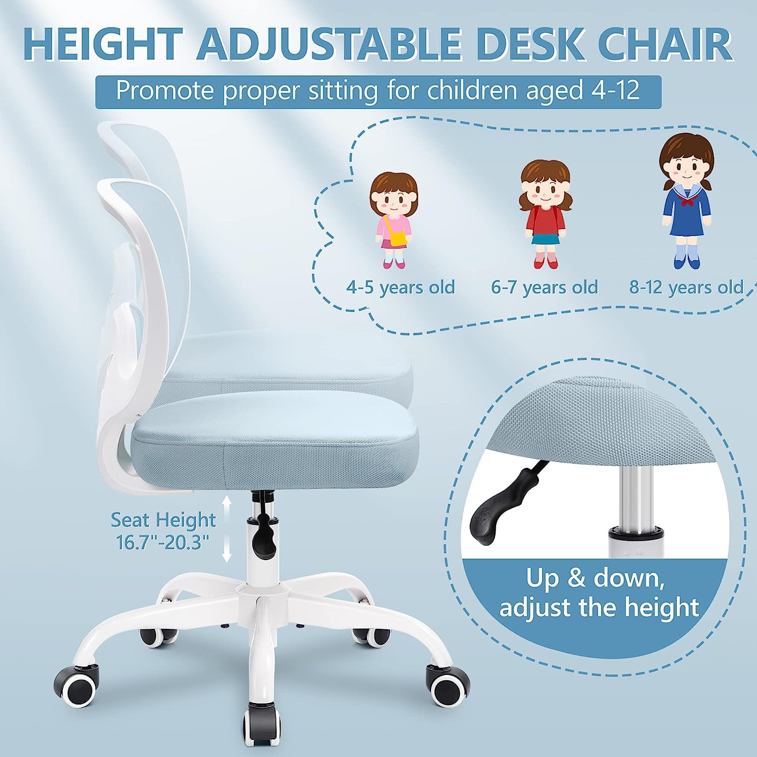 Coolhut Kids Desk Chair, Ergonomic Children Study Computer Chair Adjustable, Breathable Mesh Office Chair with Wheels, Armless Rolling Swivel School Task Chair for Boys Girls Age 4-12 in Home Bedroom - Image 6