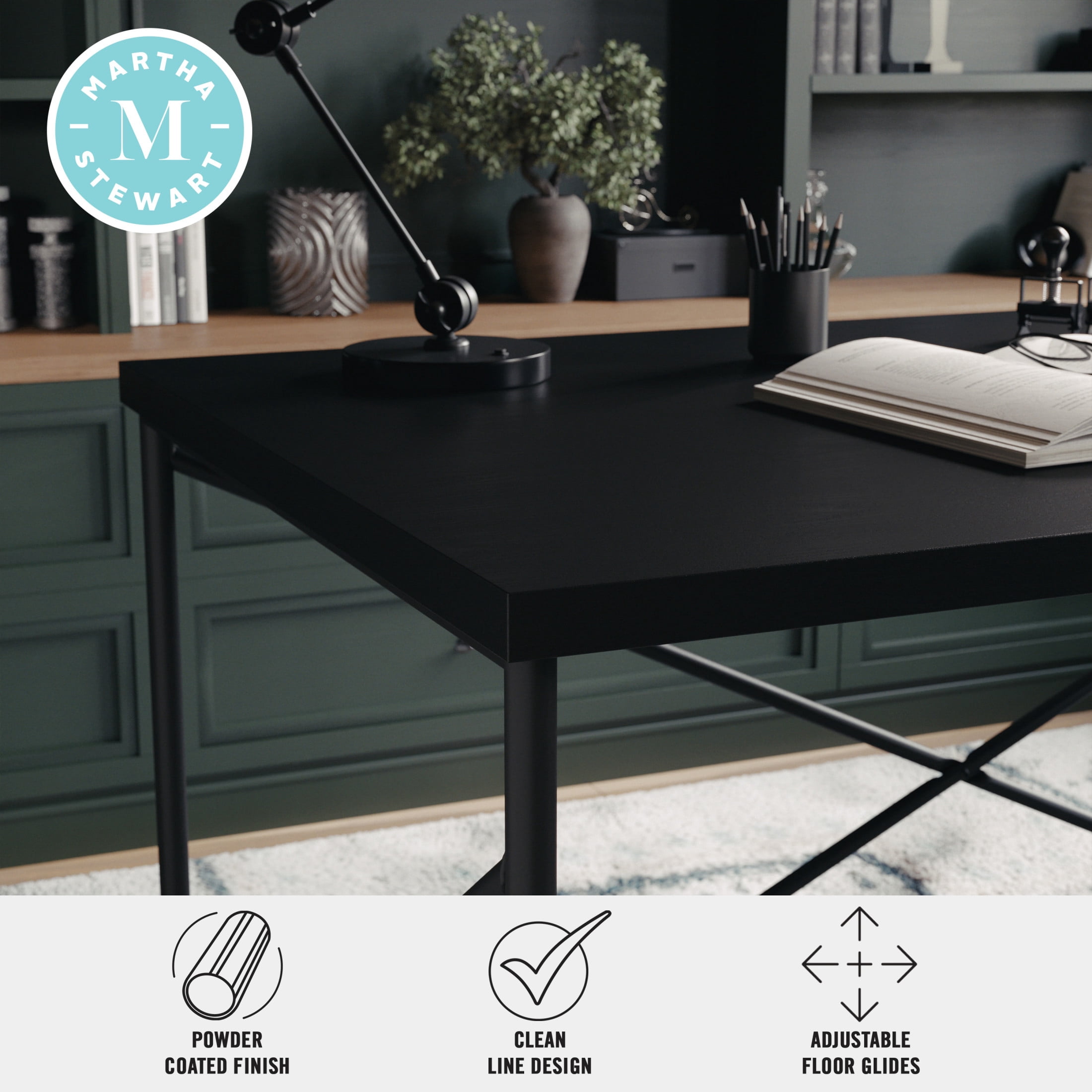 Martha Stewart Maddox Home Office Parsons Desk in Black Wood Grain with Oil Rubbed Bronze Metal X-Frame - Image 8