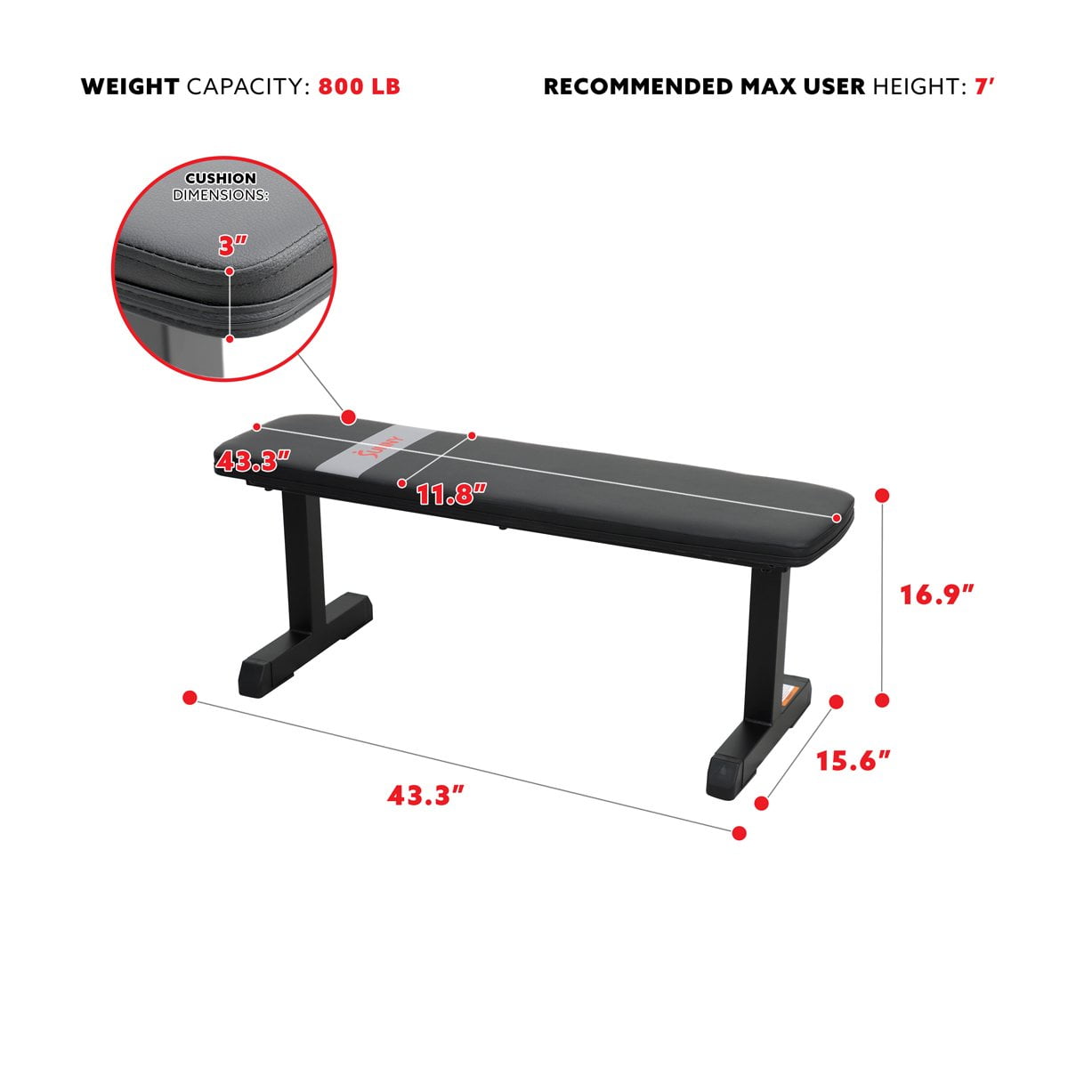 Sunny Health & Fitness Flat Weight Bench for Workout, Exercise and Home Gyms with 800 lb Weight Capacity - SF-BH620037 - Image 5