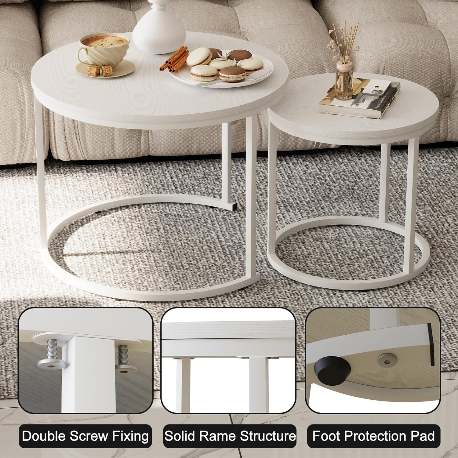 Nesting Coffee Table Round Side Table Set of 2 End Tables for Living Room Bedroom Balcony,White Wooden Stacking Accent Coffee Tables with Metal Frame - Image 6