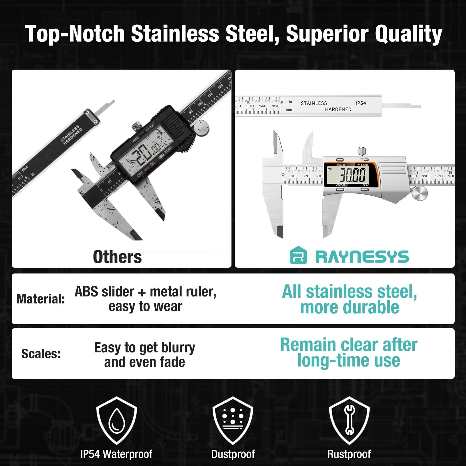 Raynesys Digital Caliper,12 inch 300mm Micrometer Caliper Measuring Tool Stainless Steel Electronic Diameter Digital Caliper Tool with Large LCD Screen - Image 6