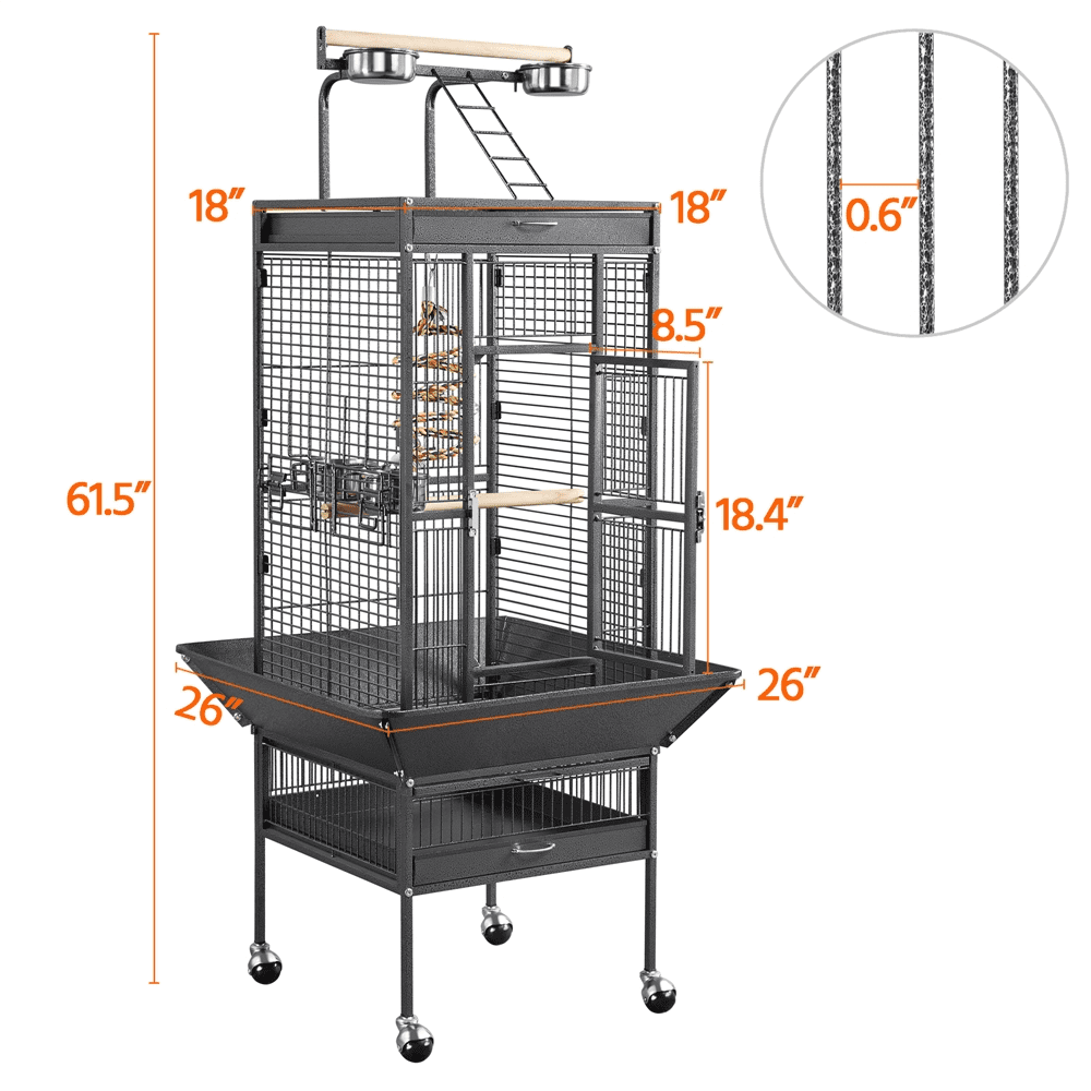 Alden Design 61" Rolling Metal Bird Cage with Play Top for Small/Medium Birds, Black - Image 5