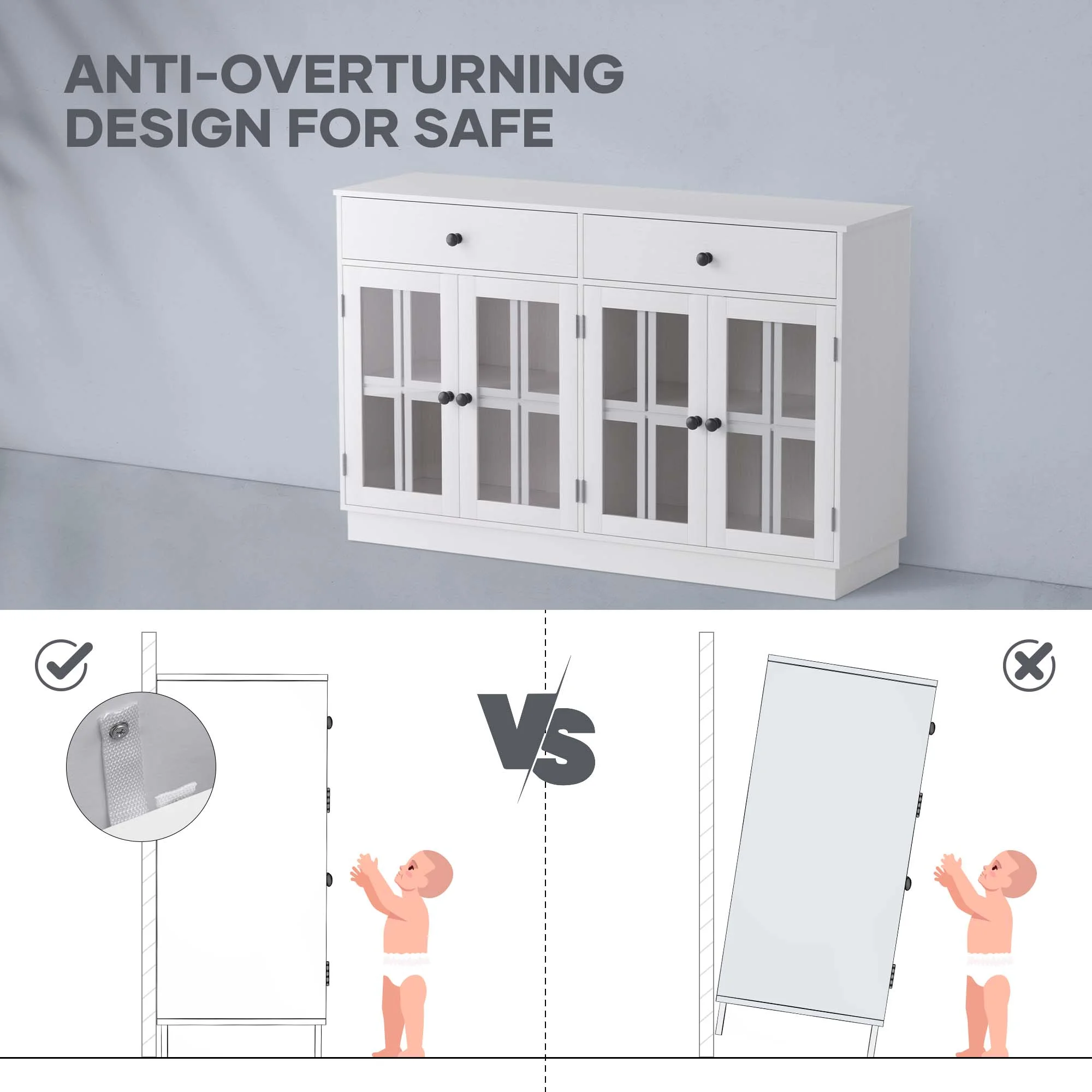 MARNUR 53.3" Modern Sideboard Buffet with 2 Drawers & 4 Glass Doors & LED Light, Large Kitchen Cabinet for Dining Room, Kitchen, Living Room, White - Image 9