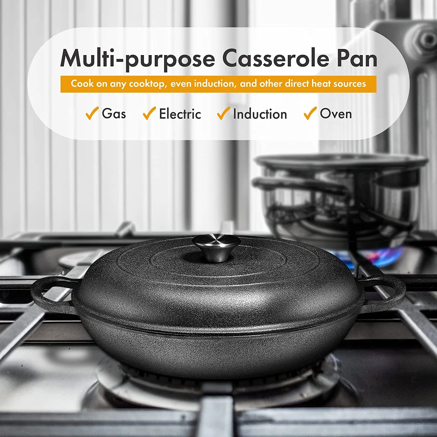 Bruntmor | Heavy Duty Pre-Seasoned Cast Iron Casserole Braiser - Pan With Cover - Image 7