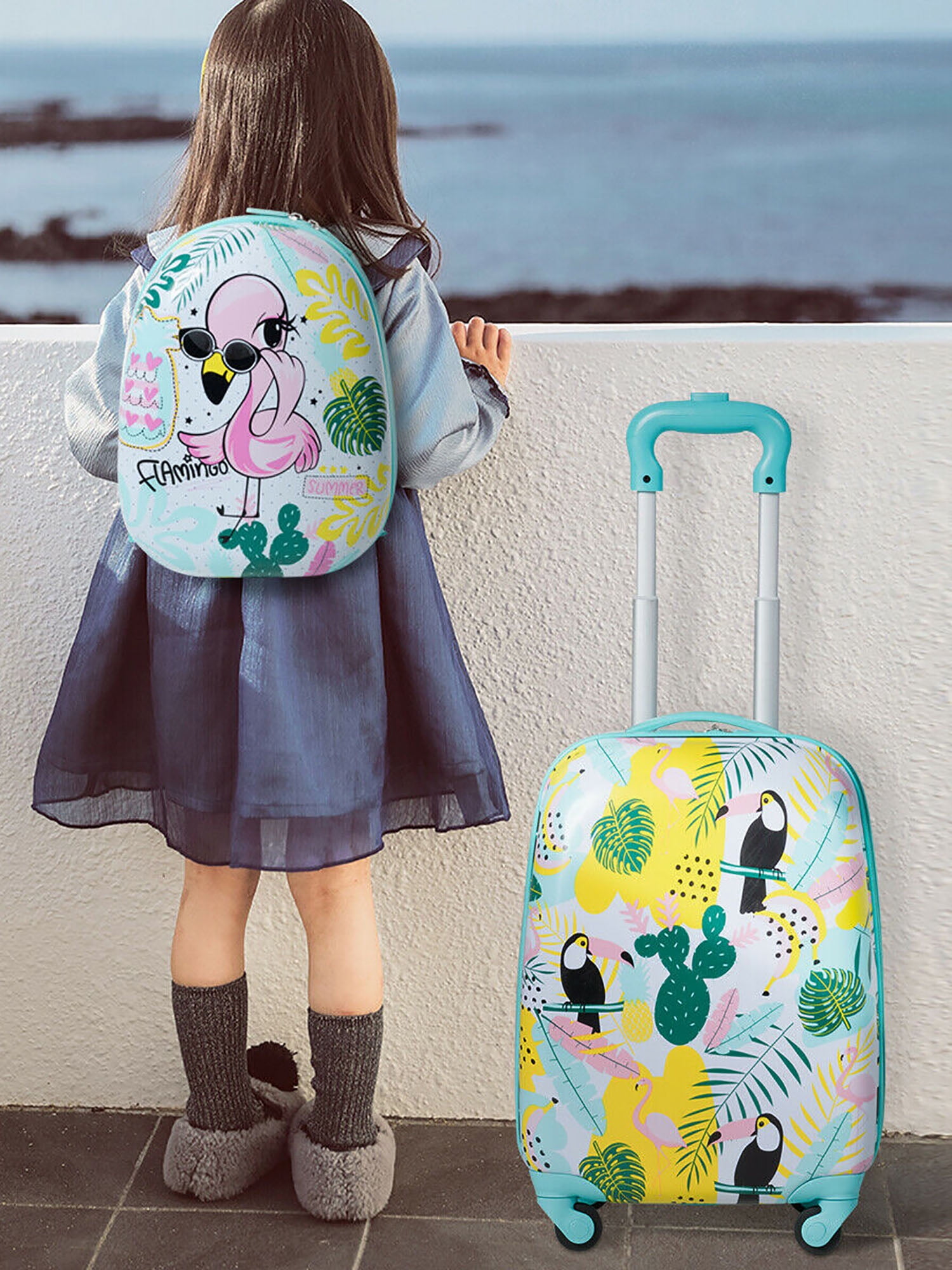 Gymax 2PC Kids Luggage Set Backpack & Rolling Suitcase Travel ABS Flamingos - Image 4