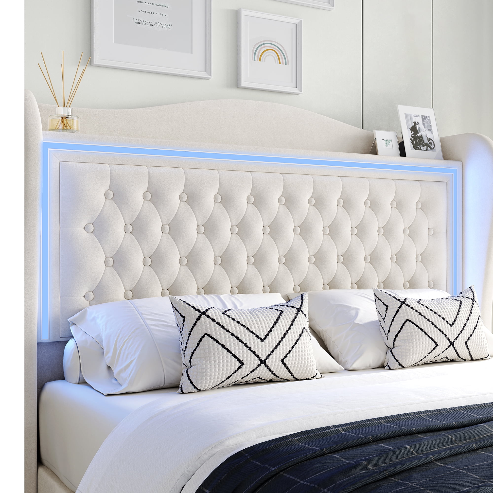 Homfa Queen Size LED Bed Frame with Storage Drawers, 54in Tall Velvet Upholstered Headboard Platform Bed with Wingback Buttons Headboard, Beige - Image 6