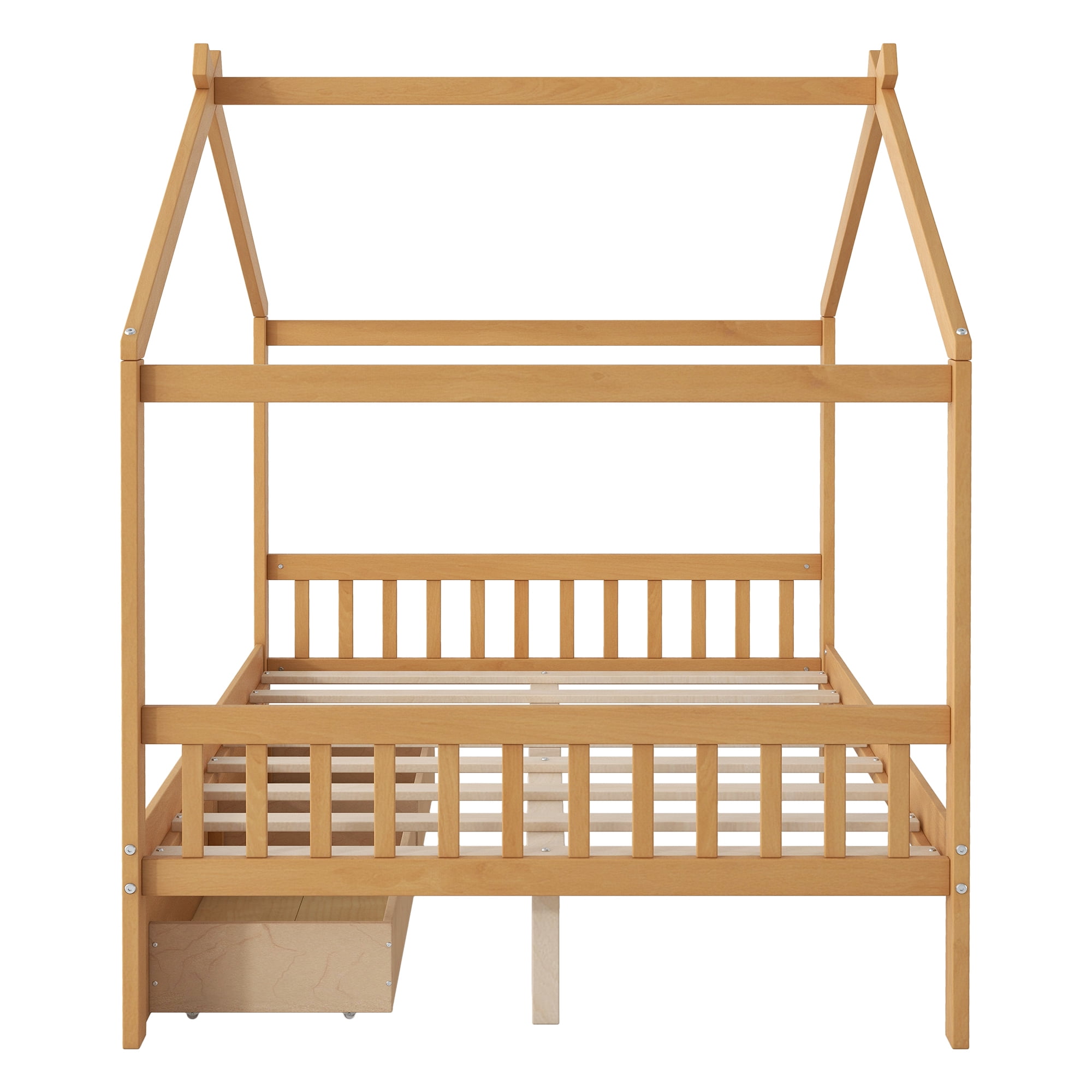 EUROCO Full Size House Bed with Two Drawers for Kids, Solid Wood Platform Bed for Living Room, Natural - Image 10