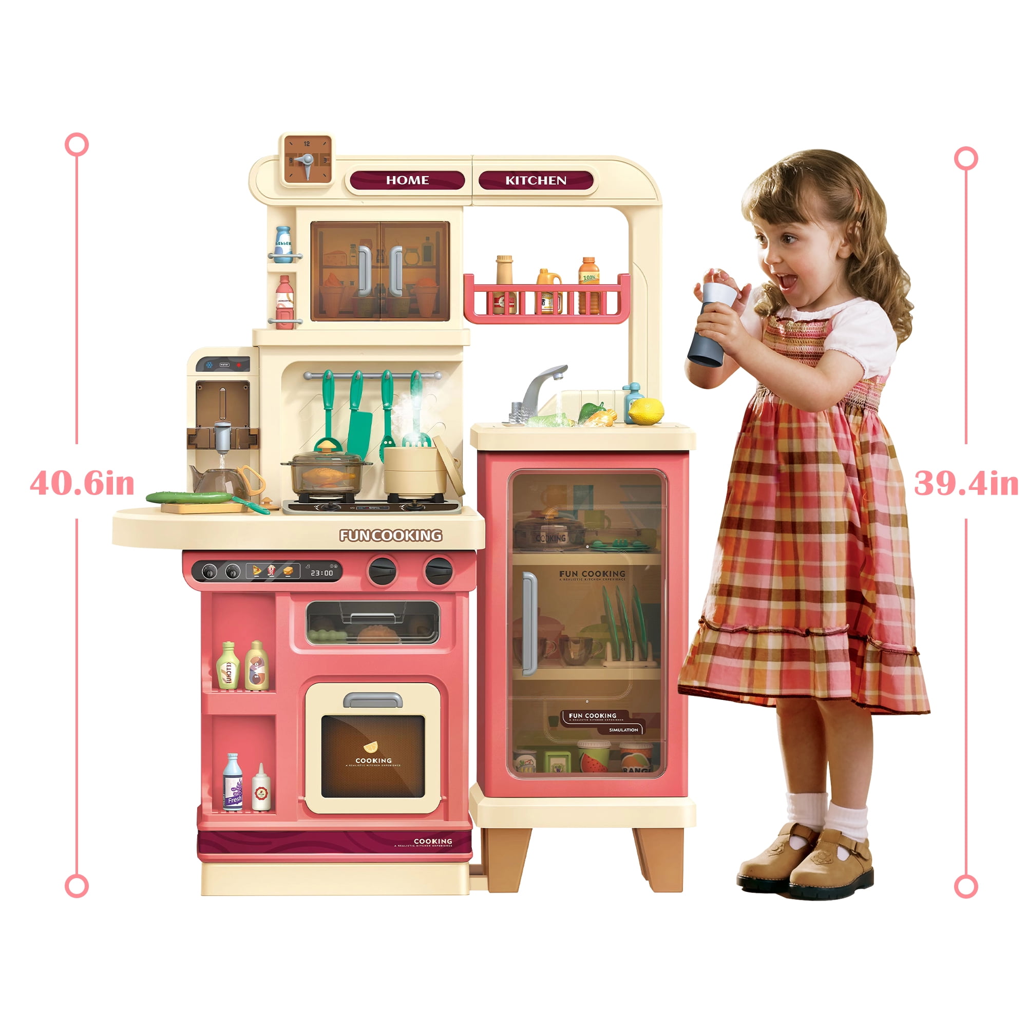 Lookfly 40.6 Inch Play Kitchen Set for Kids, Large Pretend Play Kitchen with Realistic Lights and Sounds, Simulation of Spray for Toddlers Girls Boys Gift ,Pink - Image 7