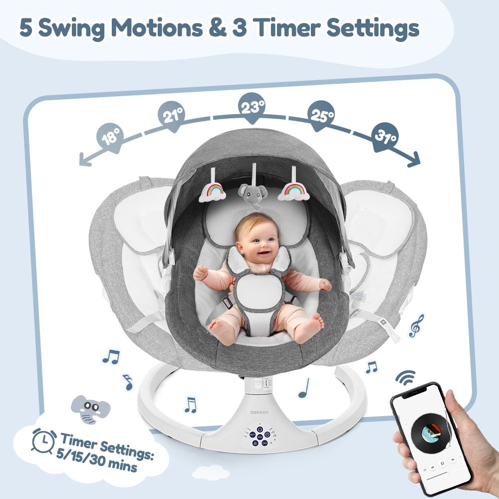 Baby Swing for Infants, Caveen Electric Bluetooth Baby Rocker, 5 Swing Speeds, 3 Seat Positions, Adapter & Battery Operated, Gray - Image 4