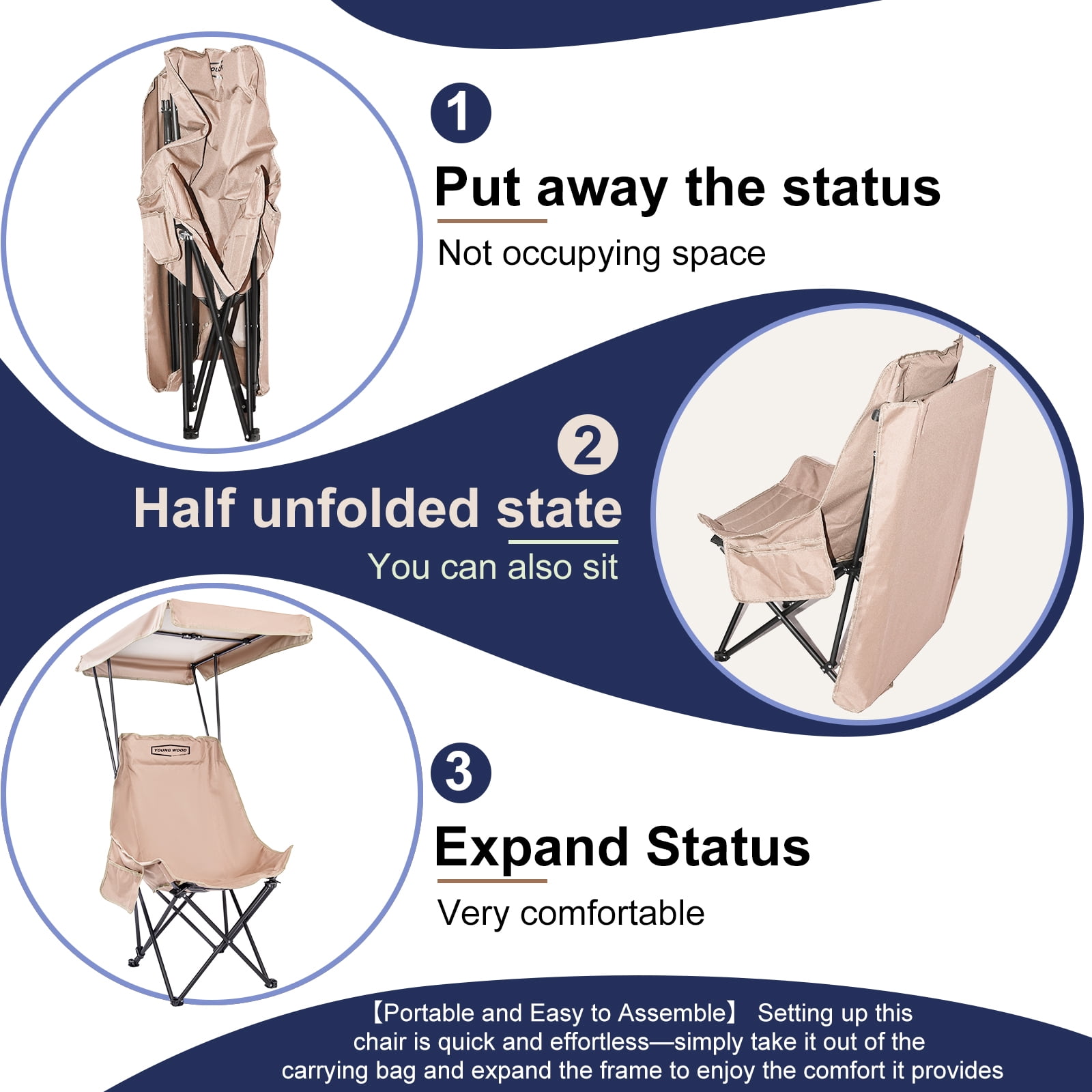 Young Wood Portable Camping Chair with Shade Canopy and Side Pocket Design, Khaki, 1pc - Image 3