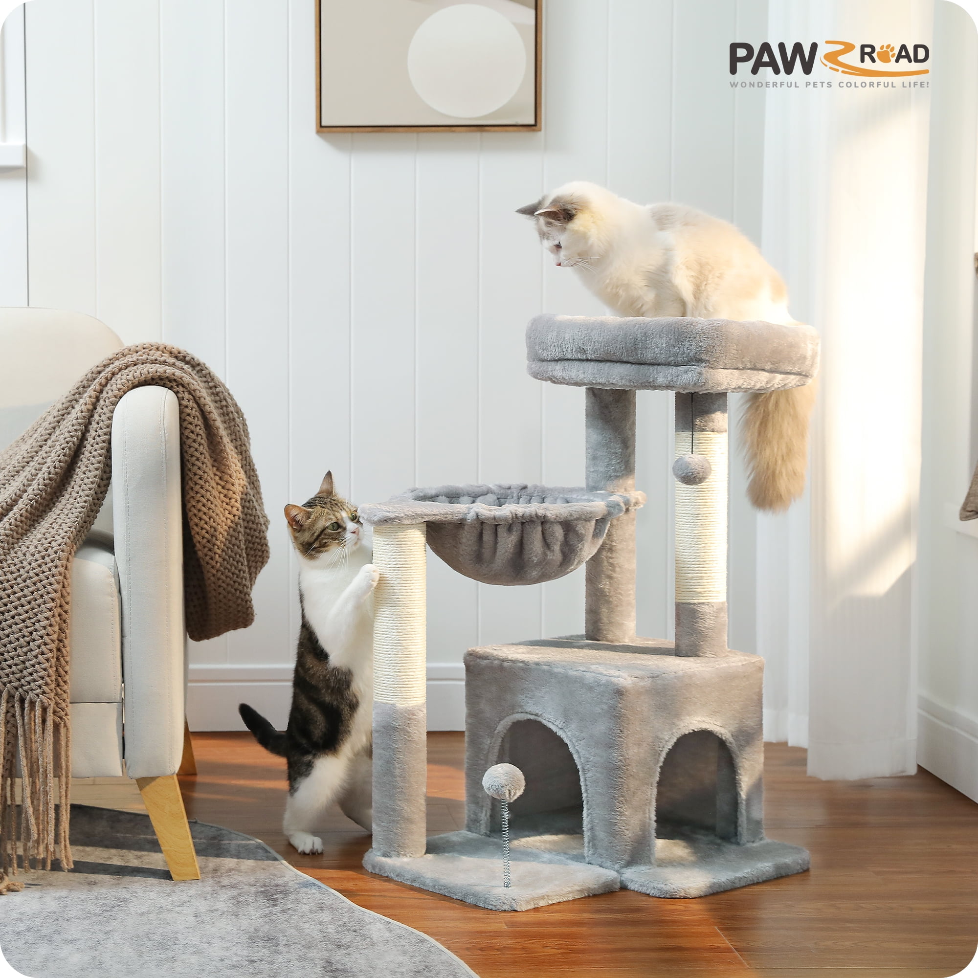 PAWZ Road Cat Tree 29.5" Sisal Cat Scratching Posts Tower Hammock Top Perch for Indoor Cats,Gray - Image 4