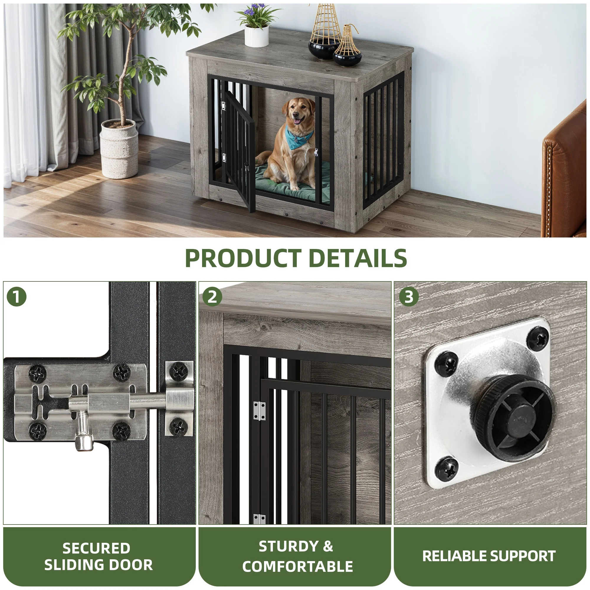 Uforic 2-in-1 Dog Crate Furniture, 30 in Iron-Wood Indoor Dog Cage Table with Steel Lock & Waterproof Top,Gray - Image 9
