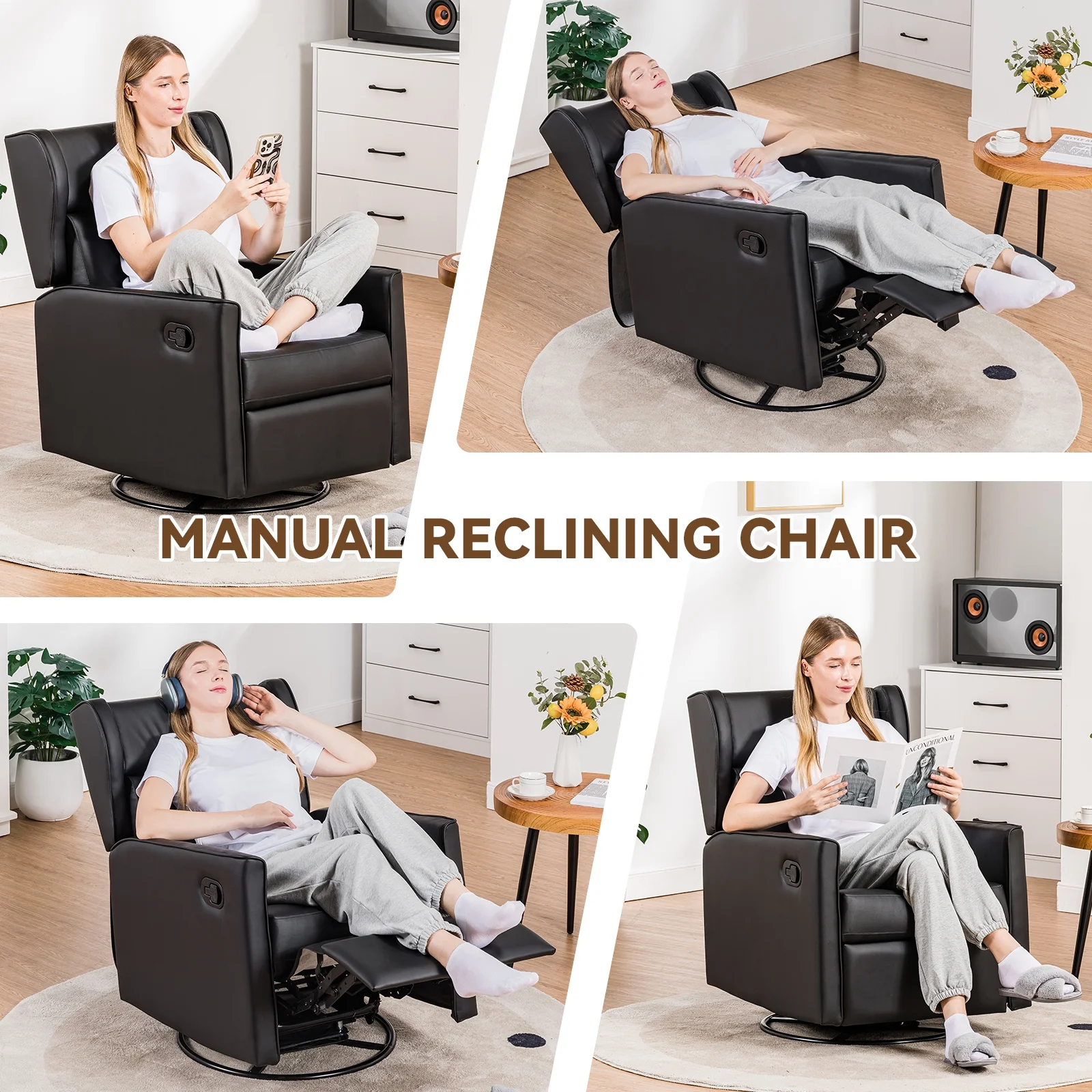 COMHOMA Swivel Rocker Recliner Chair, PU Lether Single Sofa Seat for Living Room, Black - Image 3