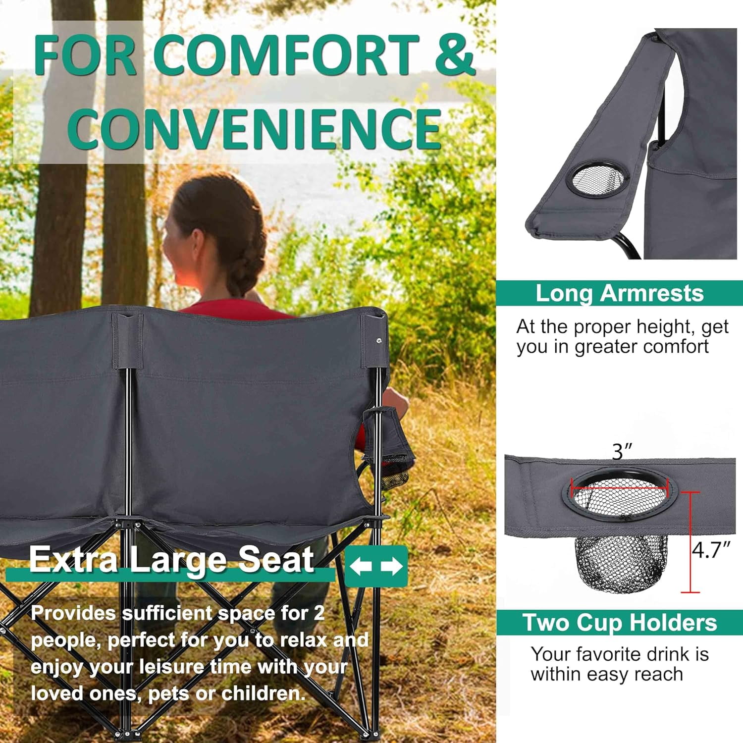 Double Camping Chair, Outdoor Folding Loveseat Chair Supports 500 LBS, Portable Oversized Lawn Chair with Cup Holders for Backpacking Hiking Picnic, Sturdy Steel Frame & 600D Oxford Fabric - Image 11