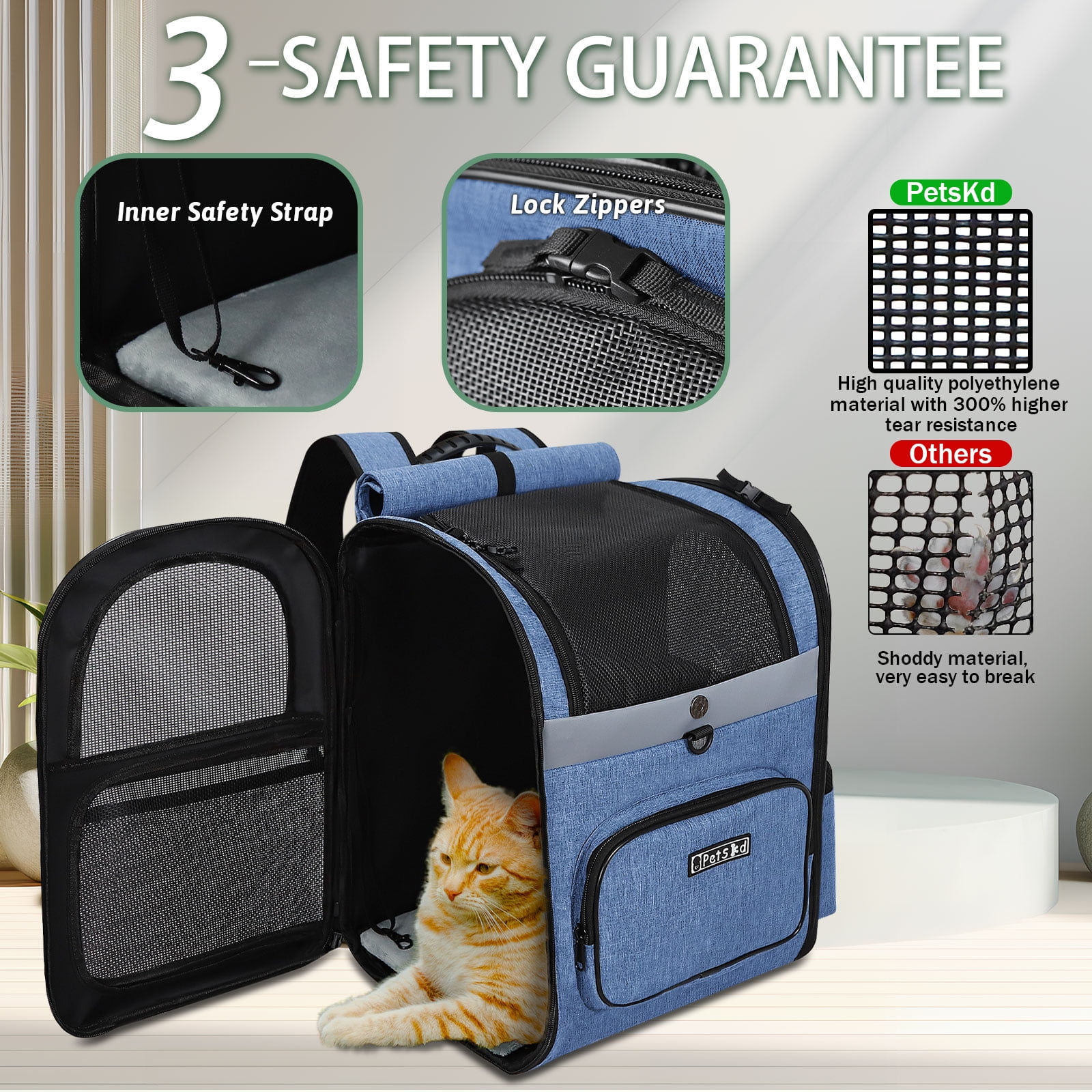 PETSKD Pet Carrier Backpack for Dogs Cats, 13x11x16.5 inches Outdoor Travel Backpack with with Safety Lock Zipperl, Large Space Foldable Backpack for Pets Under 20 lbs, Blue - Image 5