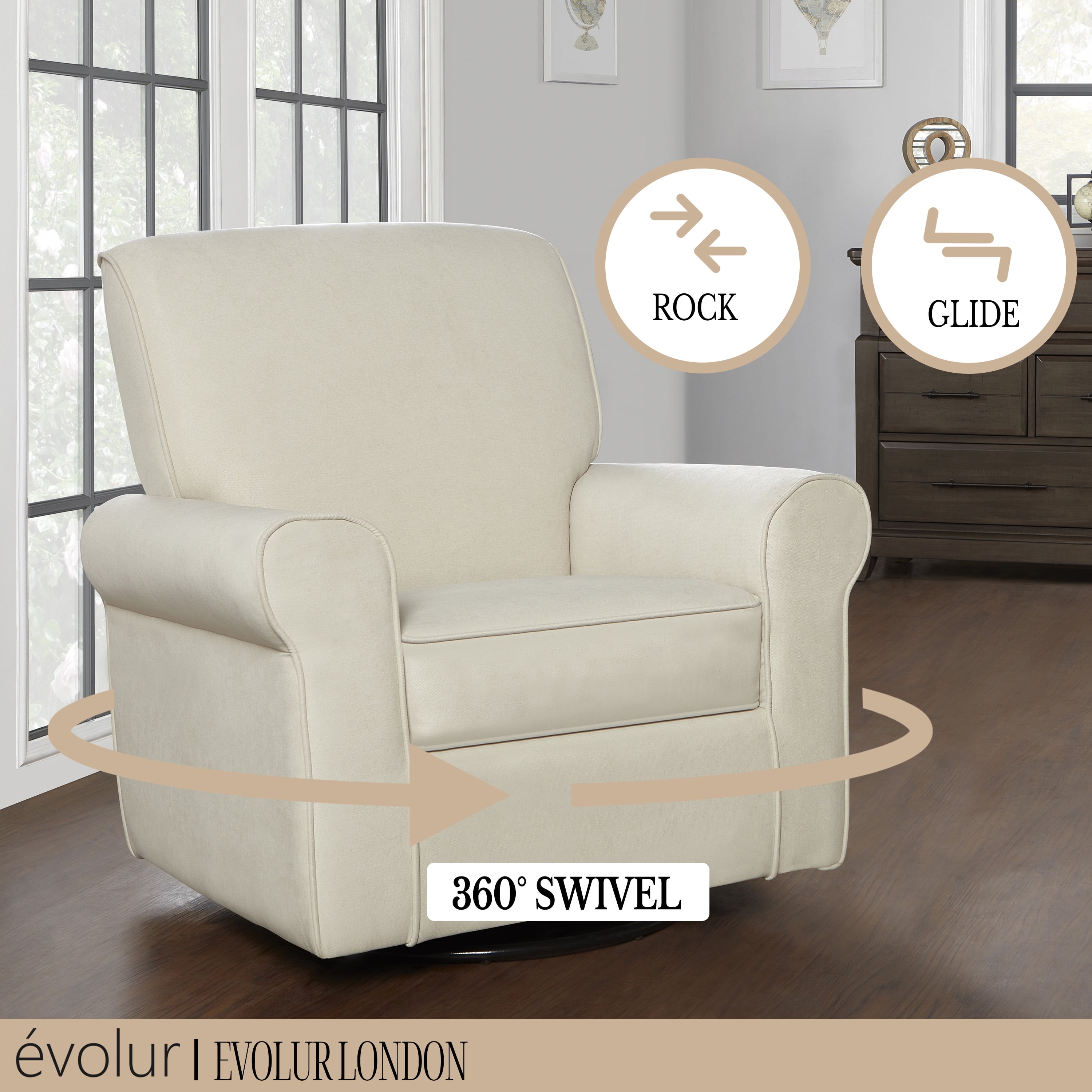 Evolur London Upholstered 360 Swivel l Glider I Rocker I Nursery Glider I Durable Soft Fabric in Beige - Image 16