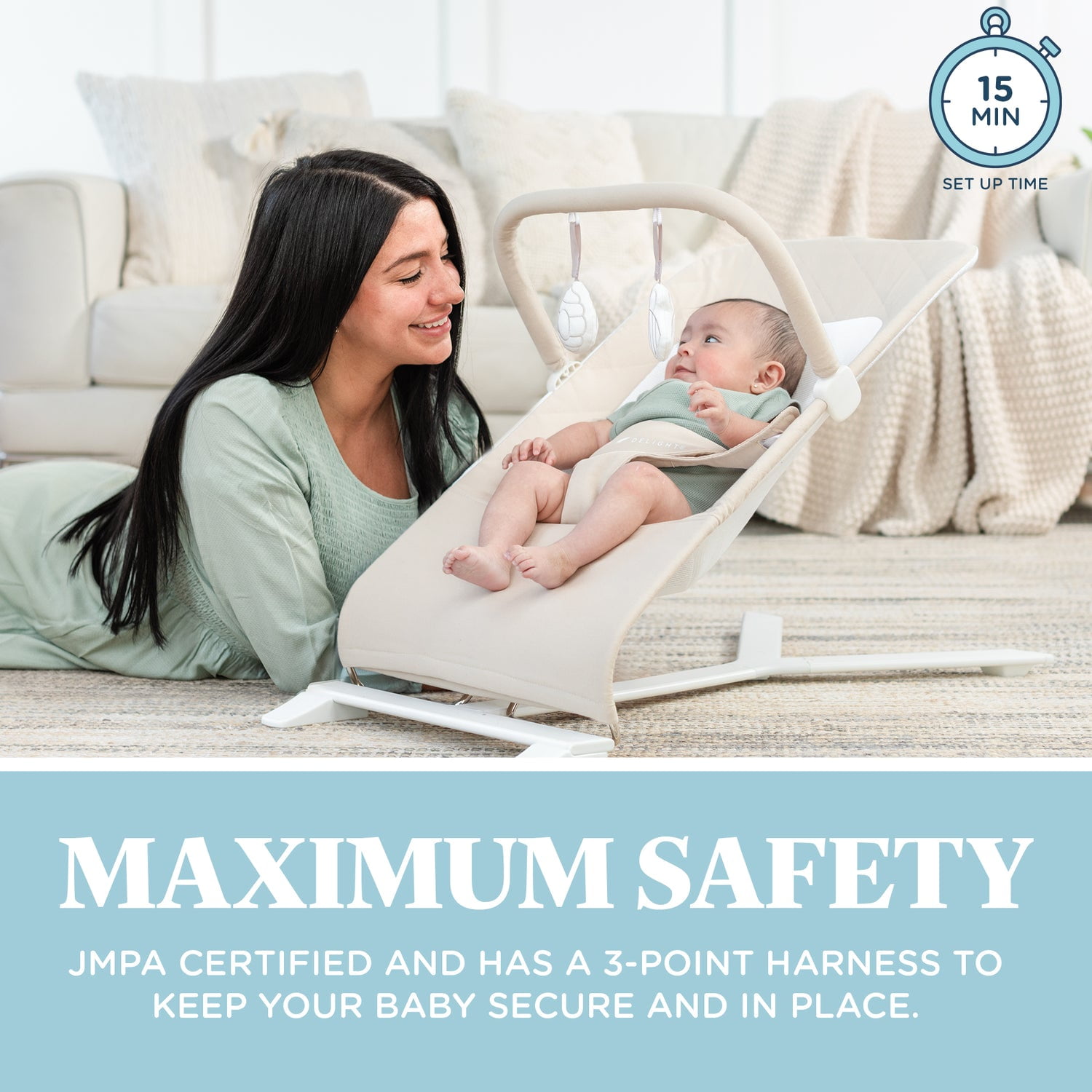 Baby Delight Alpine Deluxe Portable Baby Bouncer, for Infants 0-6 Months, Organic Oat - Image 5