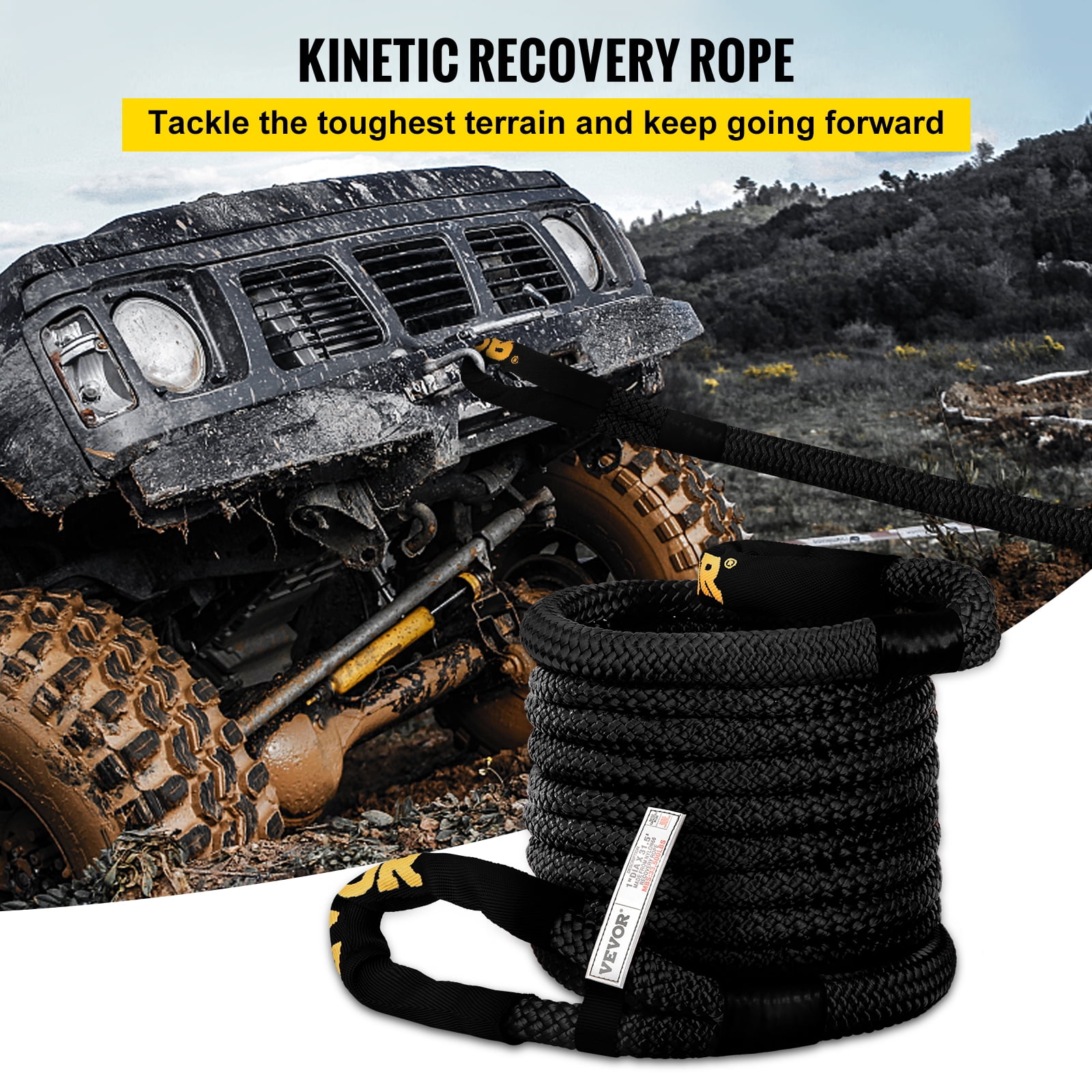 VEVOR 1" x 31.5' Recovery Tow Rope, 33,500 lbs, Heavy Duty Nylon Double Braided Kinetic Energy Rope w/ Loops and Protective Sleeves, for Truck Off-Road Vehicle ATV UTV, Carry Bag Included, Black - Image 5