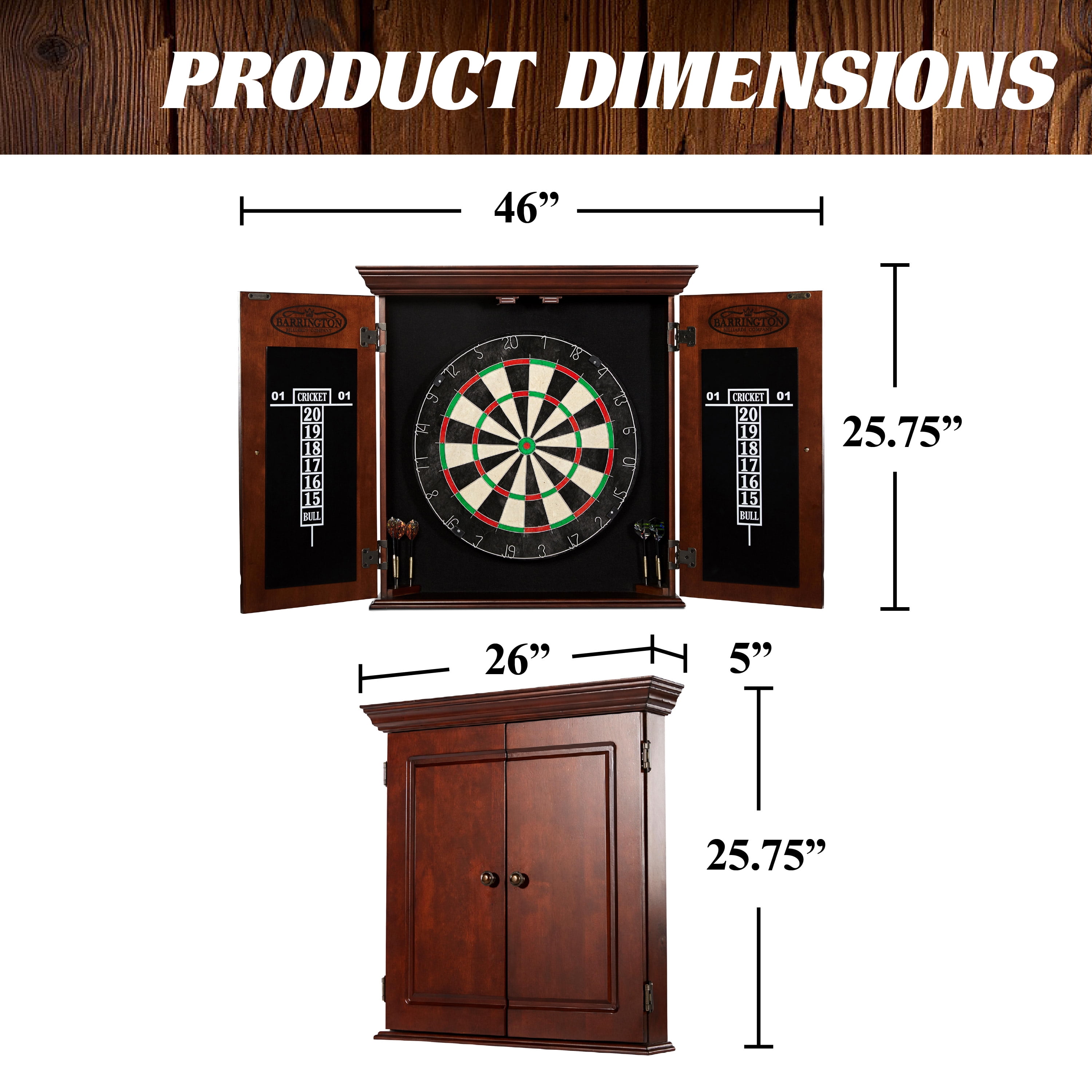 Chatham Wood Dartboard Cabinet with 18” Bristle Dartboard and Steel Tip Dart Set by Barrington Billiards - Image 2