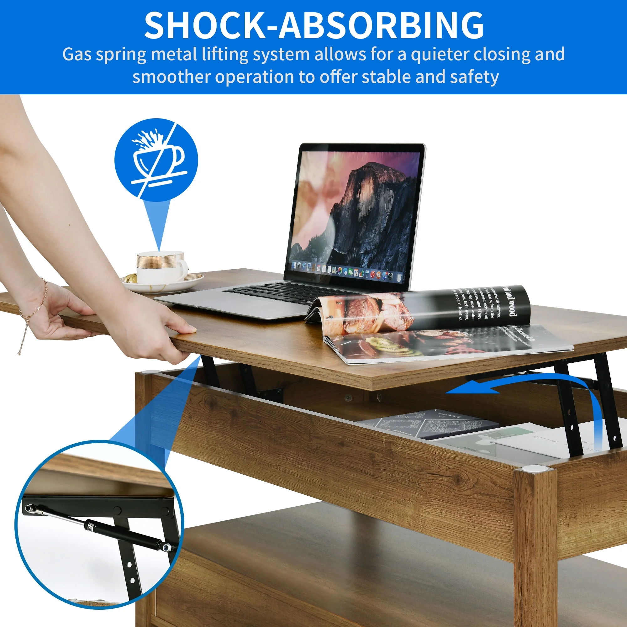 Dextrus Wood Lift Top Coffee Tables with 2 Storage Drawers for Living Room Office, Rustic Brown - Image 7