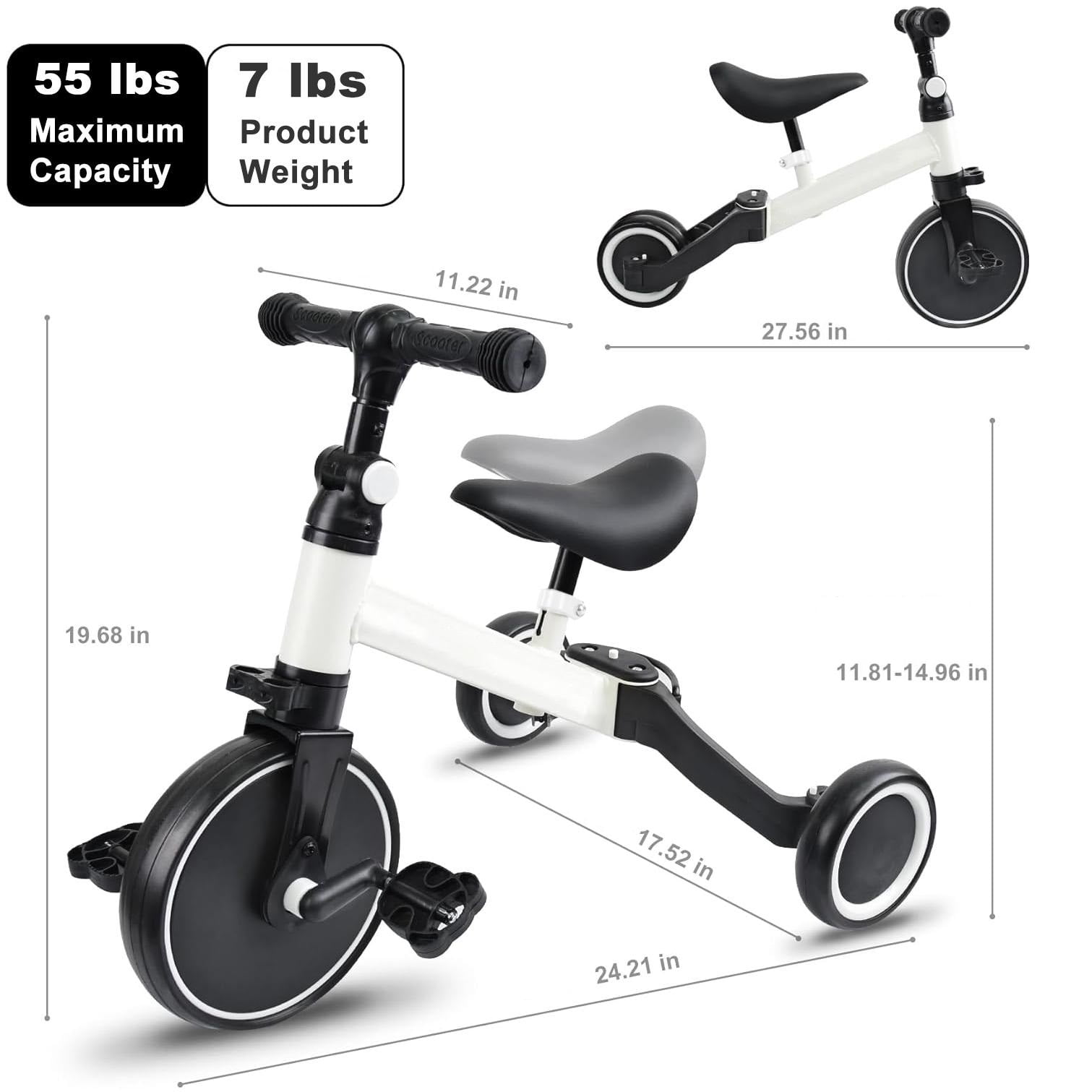 Kids Tricycle, 5-in-1 Toddler Balance Bike with Removable Pedals, White Tricycles for Toddlers Kids 1-4 Years Old Boys Girls Birthday Gift, Baby Bike Infant Trike Toddler Bike - Image 3