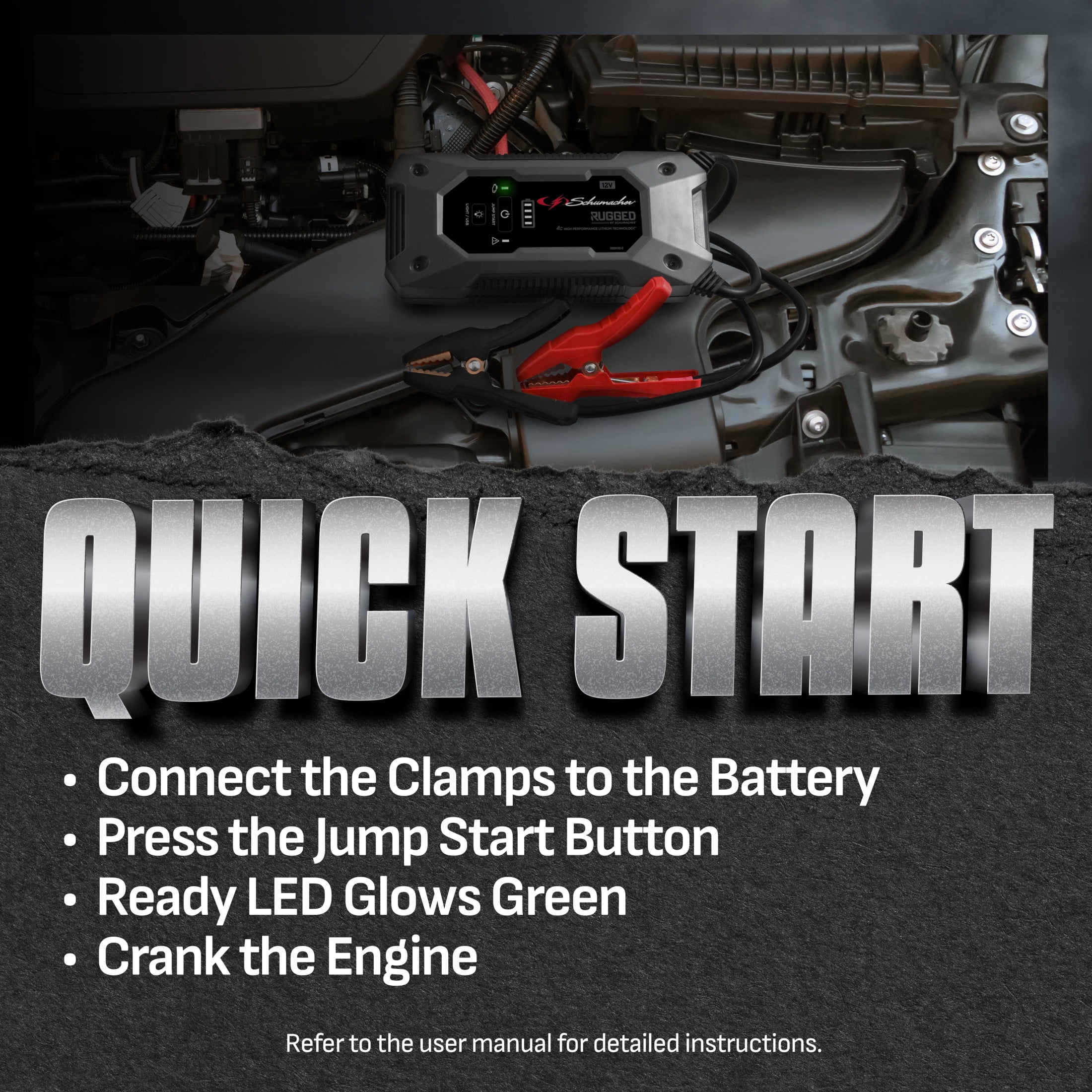 Schumacher Electric Rugged 2500A Lithium Car Battery Jump Starter and Power pack/Jump Box, USB Charging, 12V Sport, Auto, and Marine Batteries, SL1596 - Image 3