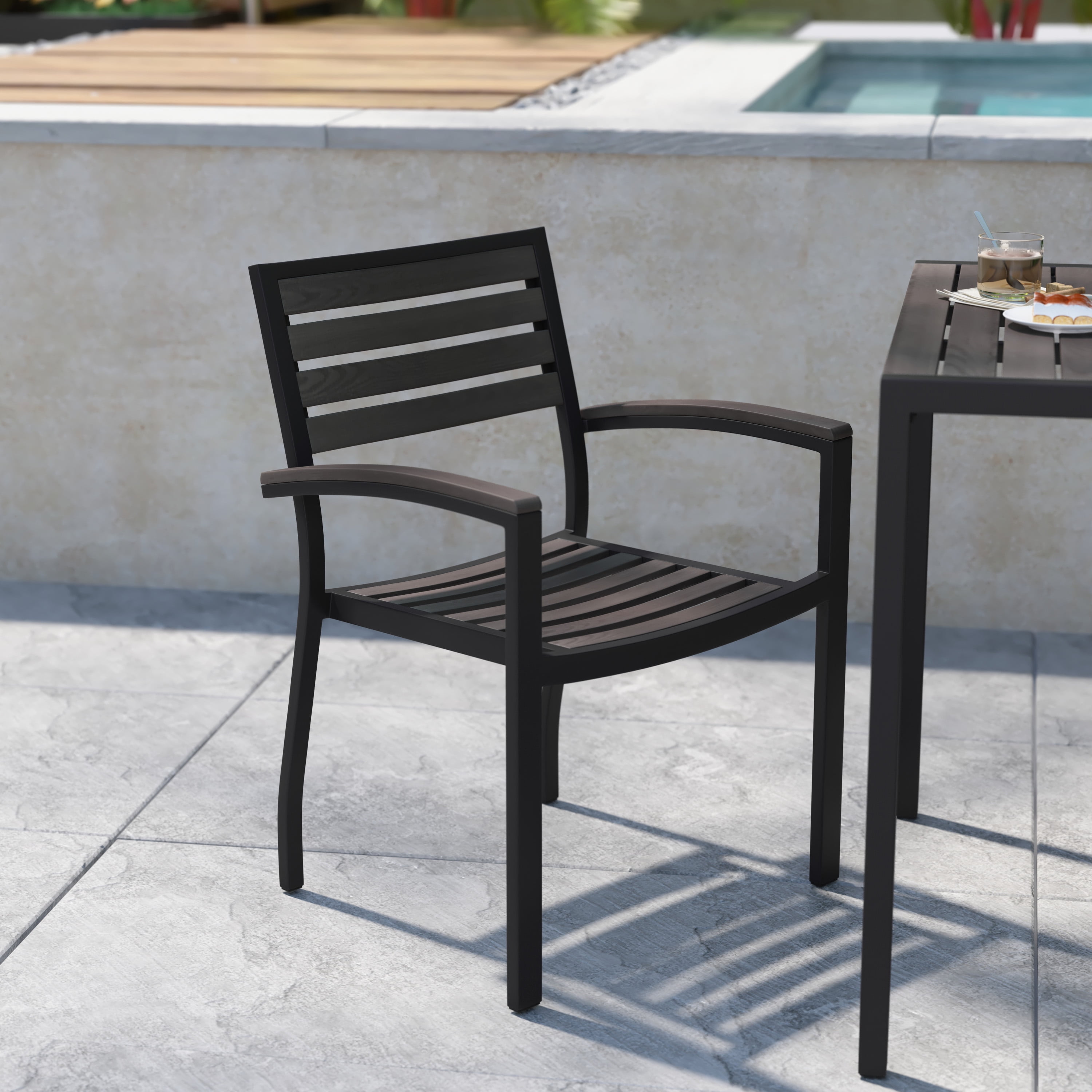 Flash Furniture Lark Set of 2 Outdoor Stackable Faux Teak Side Chairs - Commercial Grade Black Aluminum Patio Chairs with Synthetic Gray Wash Faux Teak Slats - Image 4