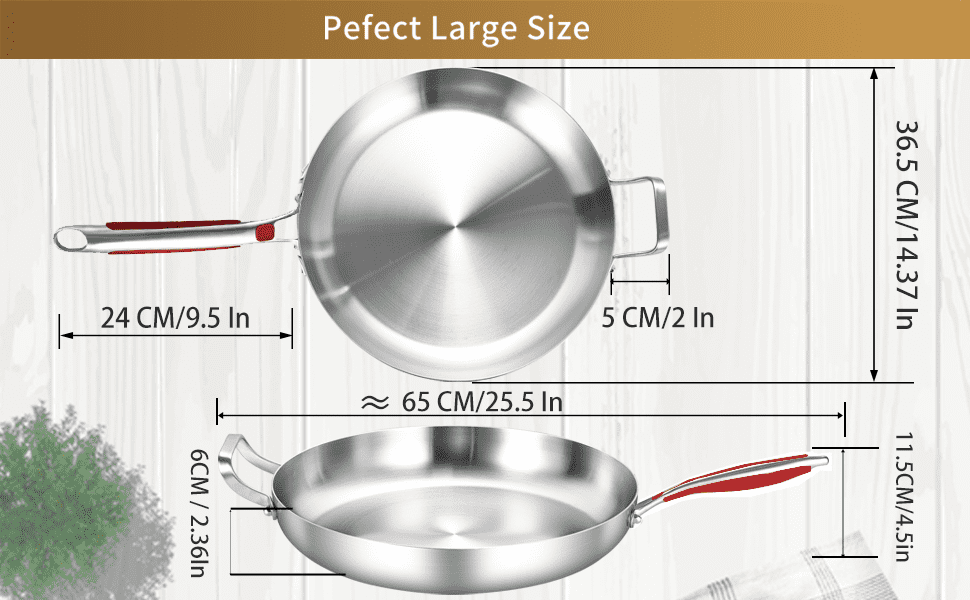 LOLYKITCH Tri-ply Stainless Steel Frying Pan with Lid,14 inch Large Skillet,Induction Cooking Pan,Dishwasher and Oven Safe. - Image 3