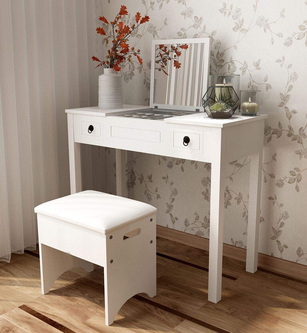 Ktaxon Vanity Set,Flip-top Mirror Dressing Table Makeup Vanity Table Writing Desk with 2 Drawers and Stool, White - Image 8