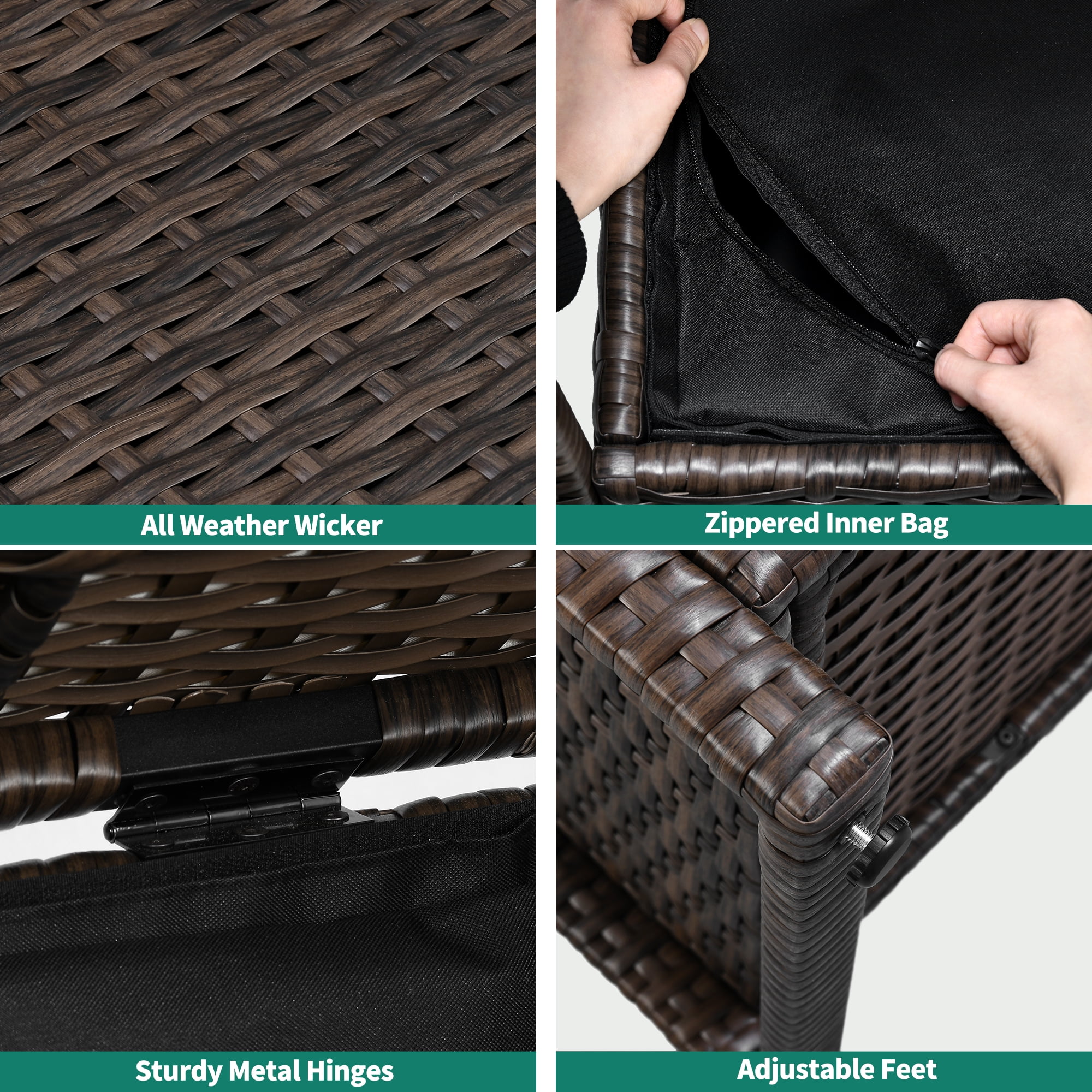 Dextrus 70 Gallon Outdoor Storage Bench Loveseat, Wicker Storage Seat for Patio Furniture, Outdoor Cushions, Pool Storage - Brown - Image 5