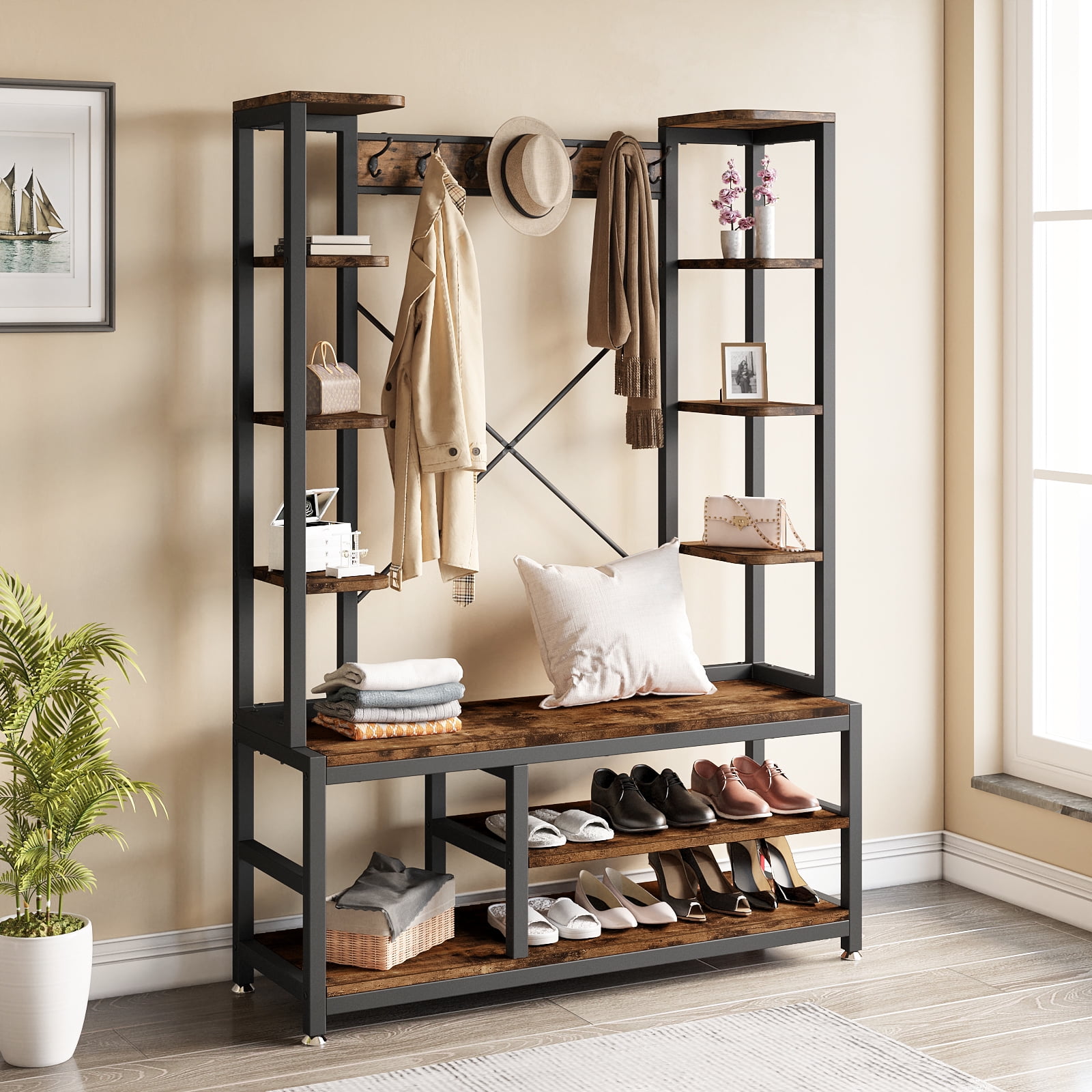 Dextrus Entryway Coat Rack with Bench and Shoe Storage, 5-in-1 Coat Tree with 16 Hooks, Rustic Brown - Image 4