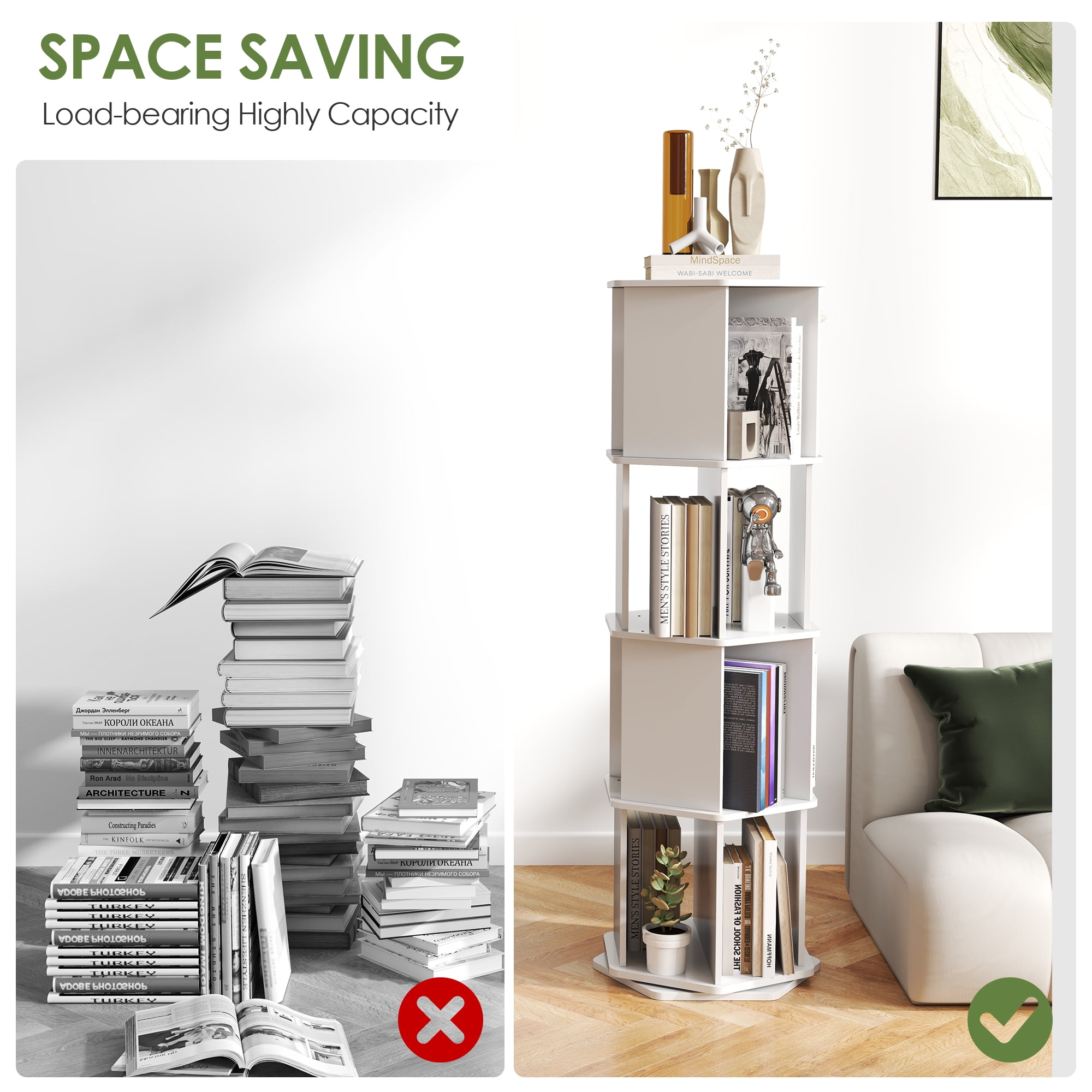 tonchean 4 Tier 360° Rotating Bookshelf, 52"H Floor Standing Bookcase Organizer Rack for Study Gift, White Wood - Image 4