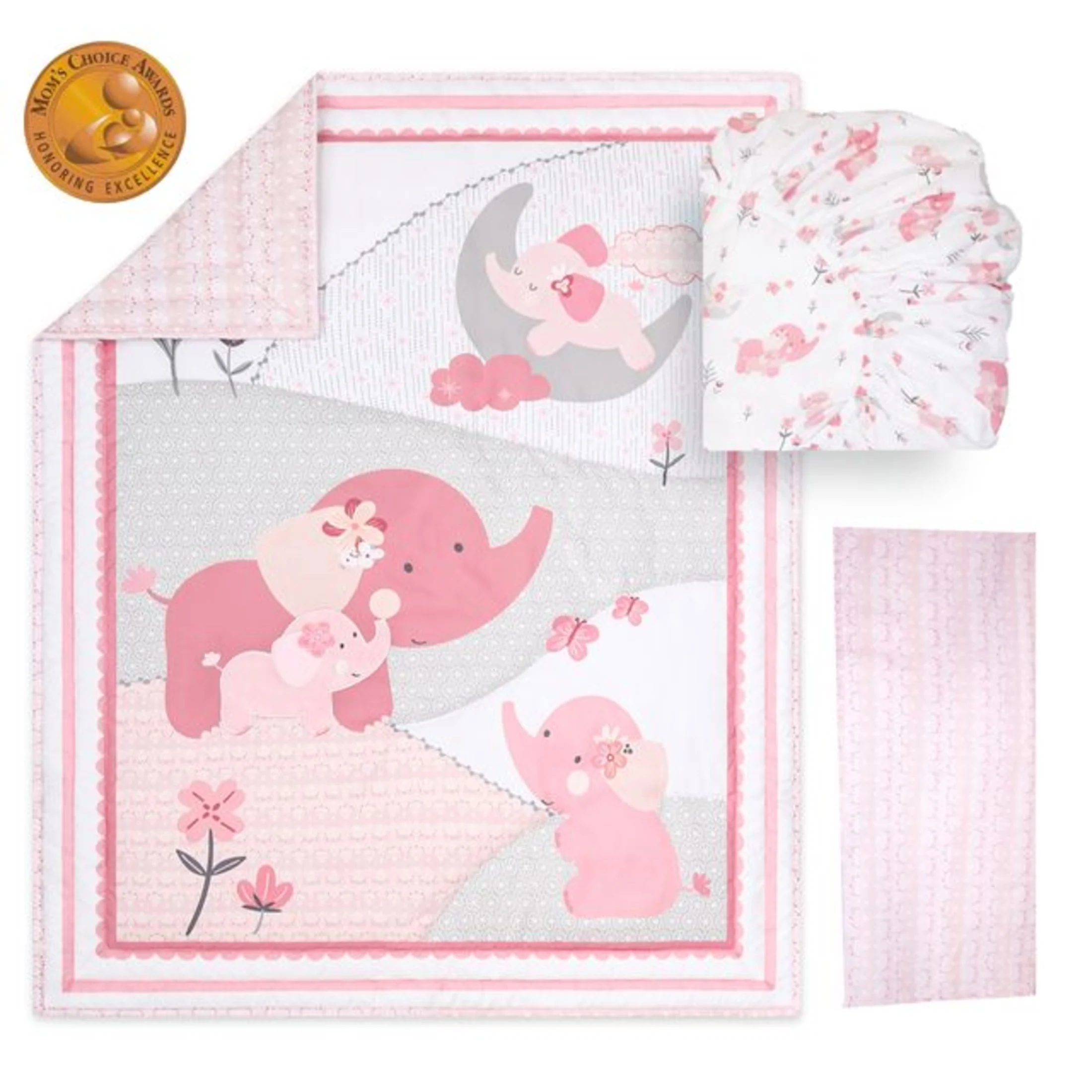 The Peanutshell Pink Elephant Crib Bedding Set for Baby Girls, 3 Piece Nursery Set - Image 4