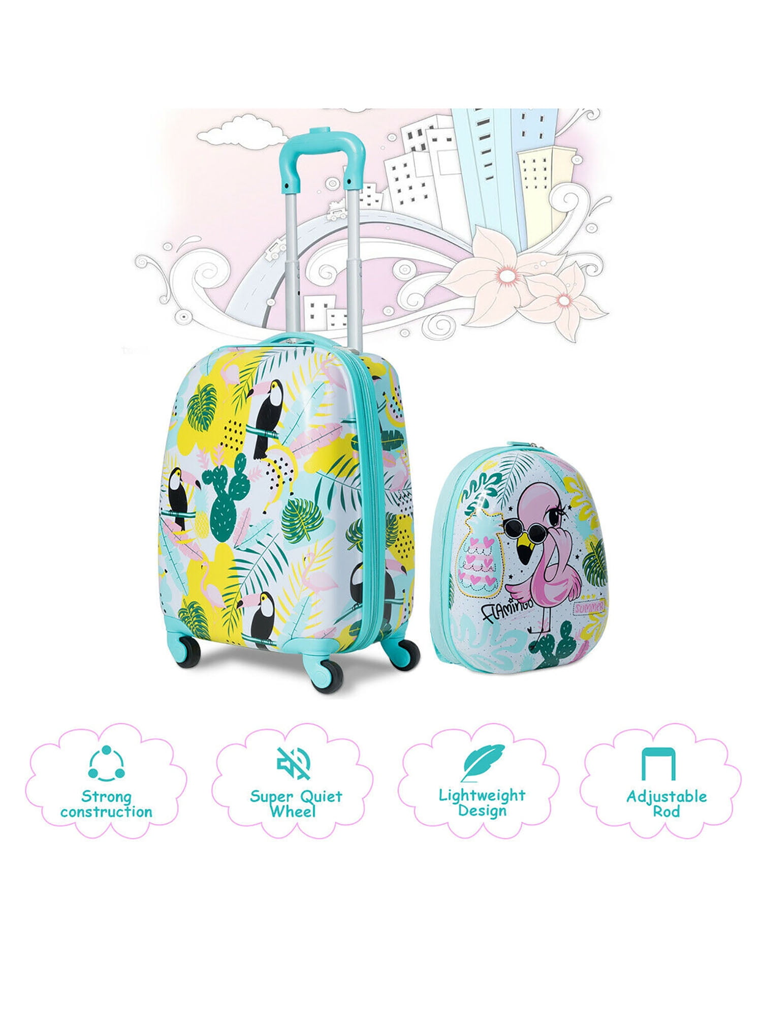 Gymax 2PC Kids Luggage Set Backpack & Rolling Suitcase Travel ABS Flamingos - Image 6