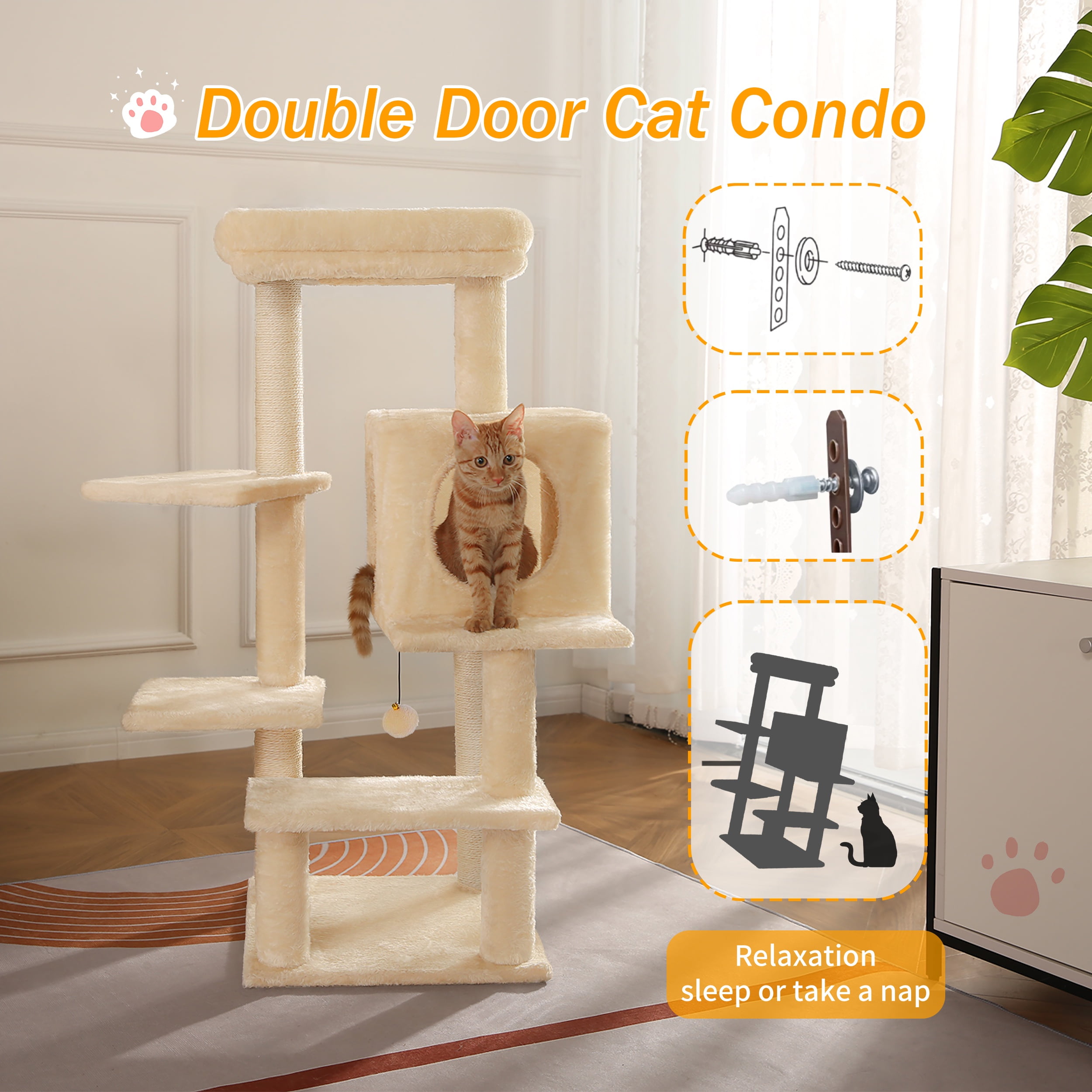 Vibrant Life 40inch Multi-Level Cat Tree Tower with Scratching Post and Cozy Condo, Cream - Image 8
