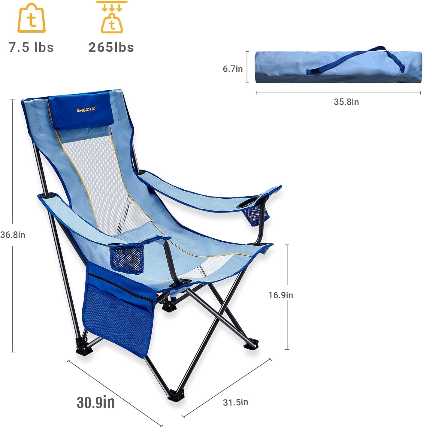 #WEJOY Folding Beach Chair High Back Camping Chairs Portable Outdoor Lawn Chairs Support up to 265lbs Blue - Image 6