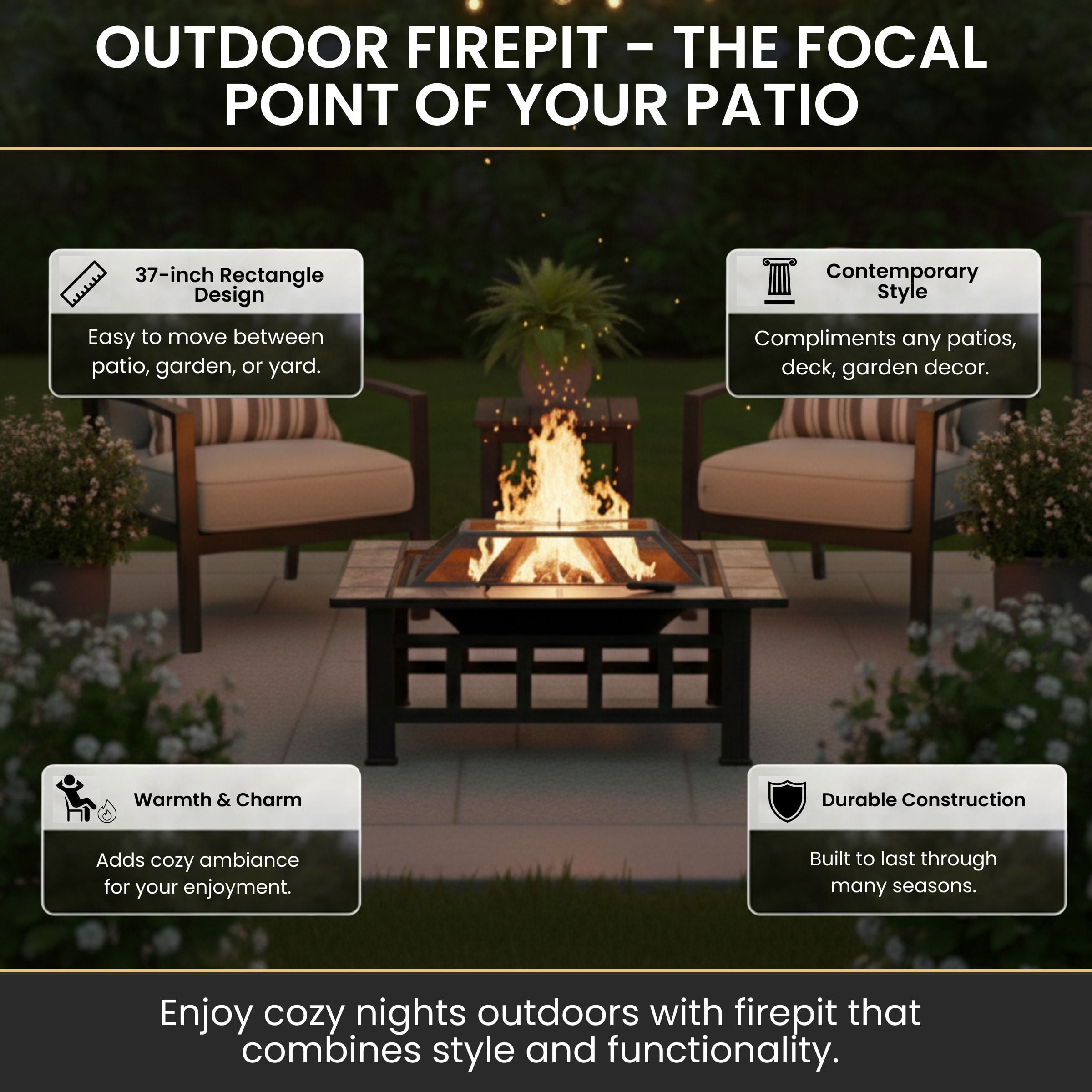 Pure Garden 37-Inch Outdoor Fire Pit with Screen, Cover, and Poker (Black) - Image 3