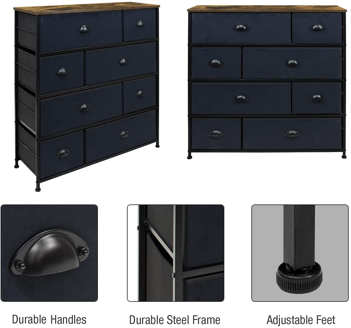 8 Drawers Dressers for Bedroom, Chest for Bedroom Office Organization - Steel Iron Frame, Rustic Farmhouse Wood Top - Black - Image 2