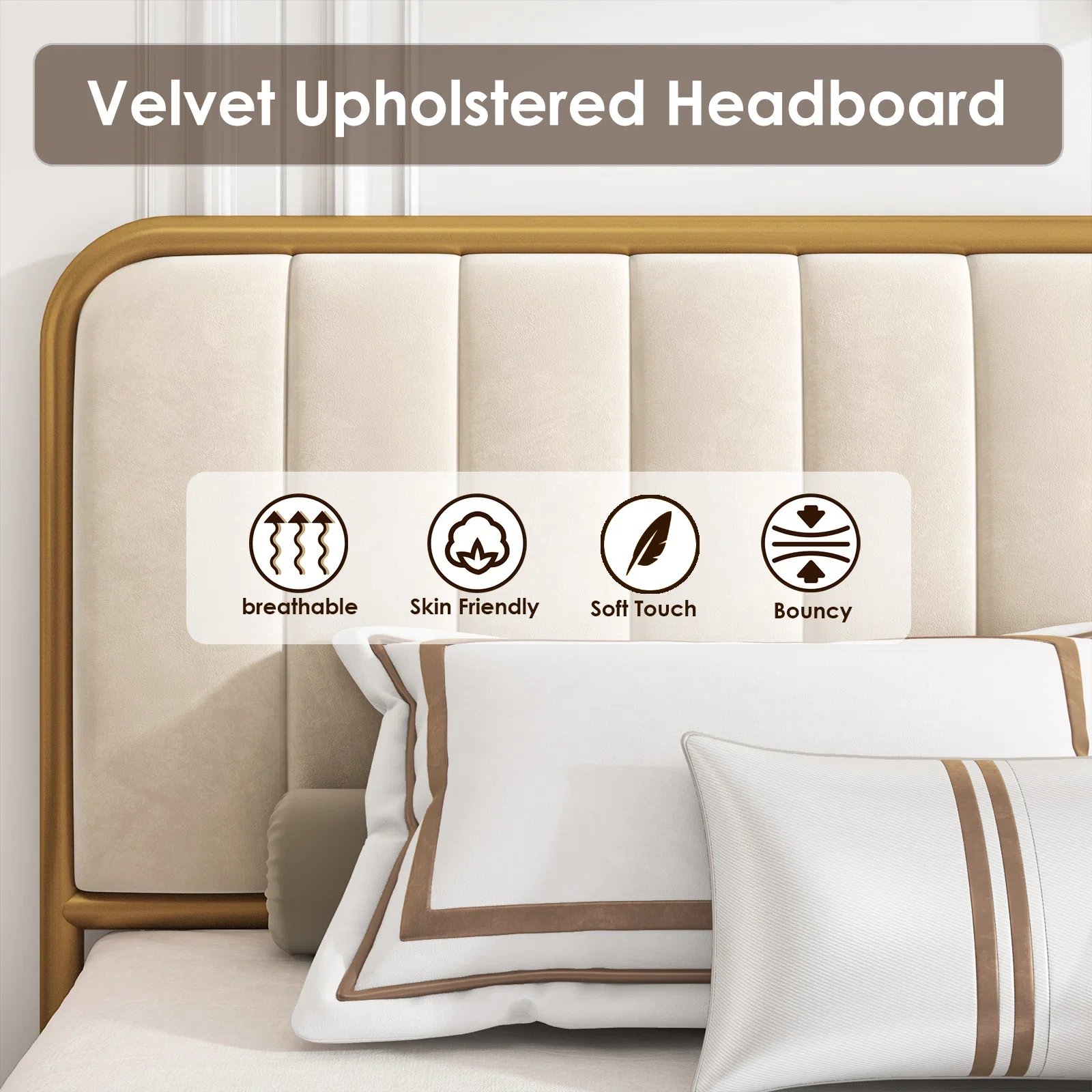 Homfa Queen Size 4 Storage Drawers Bed, Gold Platform Bed Frame with Tufted Upholstered Headboard, Gold and Beige - Image 7