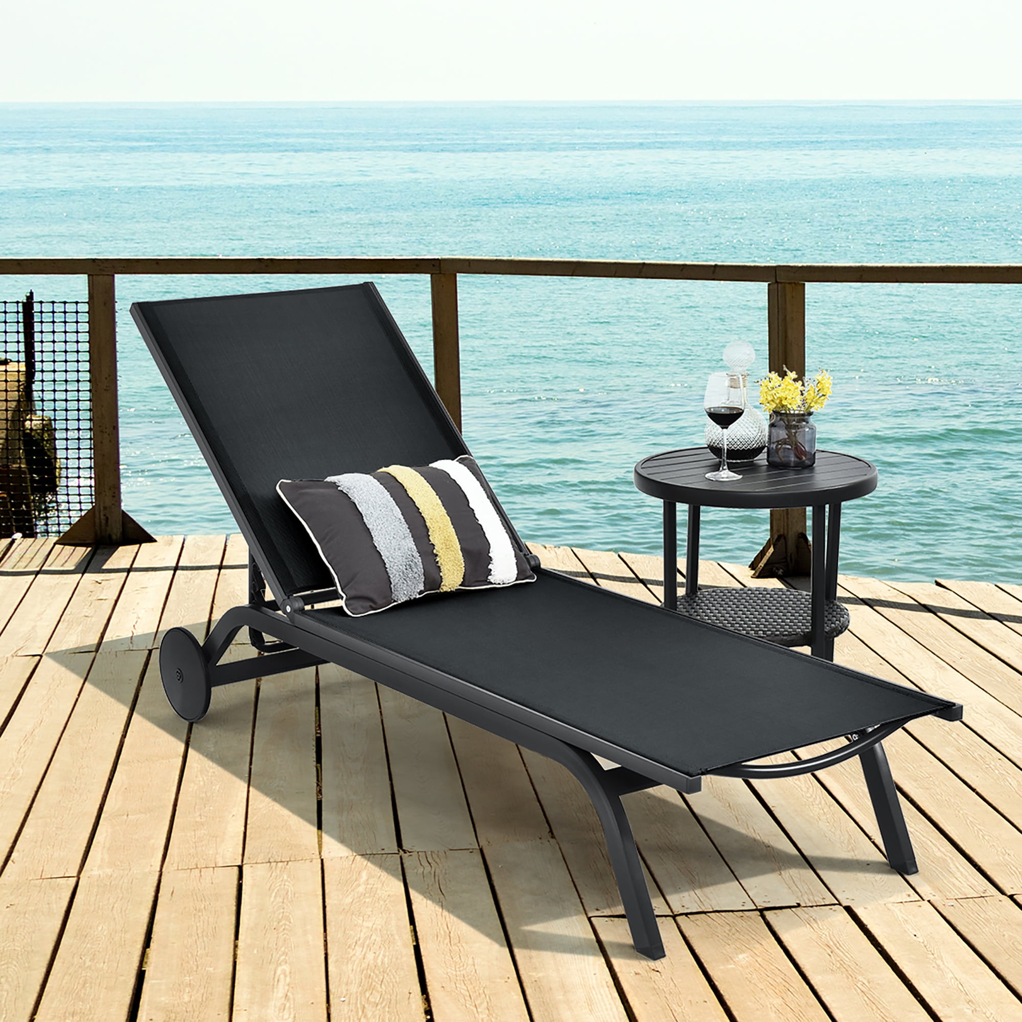 Costway Outdoor Lounge Chair Chaise Reclining Aluminum Fabric Adjustable Black - Image 3