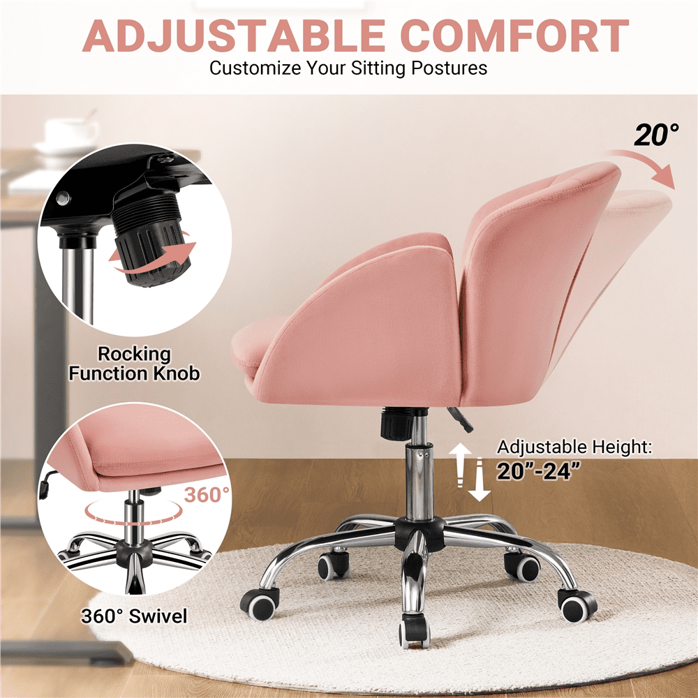 Alden Design Modern Velvet Rolling Desk Chair for Home Office, Pink - Image 7