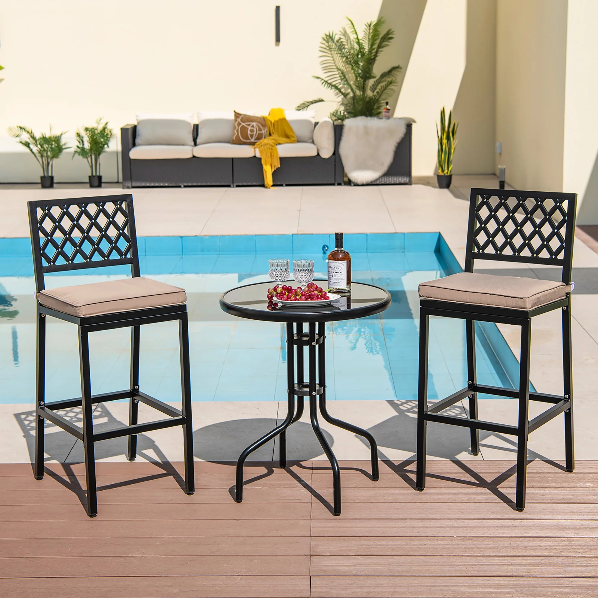 Costway Set of 2 Outdoor Bar Height Dining Chairs Patio Metal Bar Stools with Cushion - Image 4
