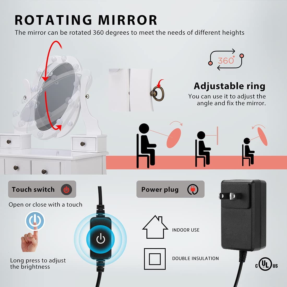 SPECSTAR Makeup Vanity Set with 10 Dimmable LED Bulbs, Dressing Table with 360° Rotating Lighted Mirror and Cushioned Stool, White - Image 3