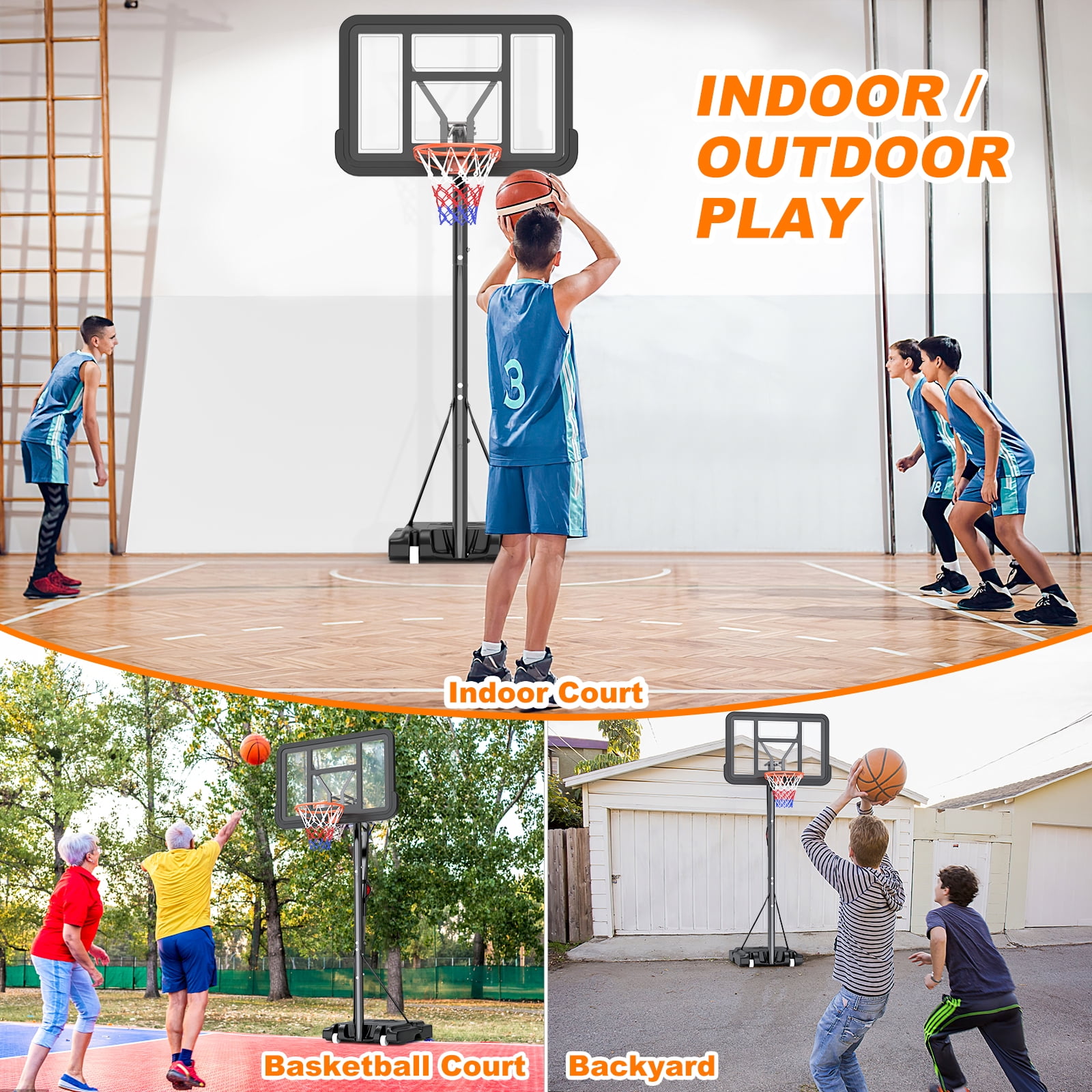 GIKPAL Portable Basketball Hoop System,Quickly Height Adjustable 4.9-10FT with 44" Shatterproof PVC Backboard for Kids/Teenagers /Adults Indoor Outdoor with Wheels - Image 7