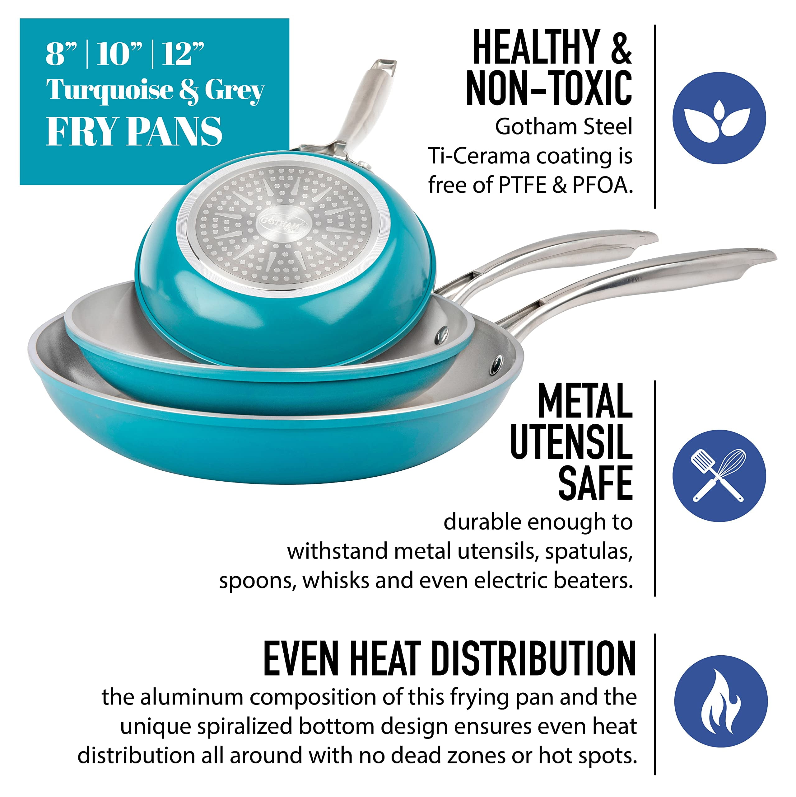Gotham Steel Diamond Nonstick Frying Pan 3 Piece Set Skillets Ceramic Cooking Pan Induction Oven Safe Aqua Blue Gray - Image 4