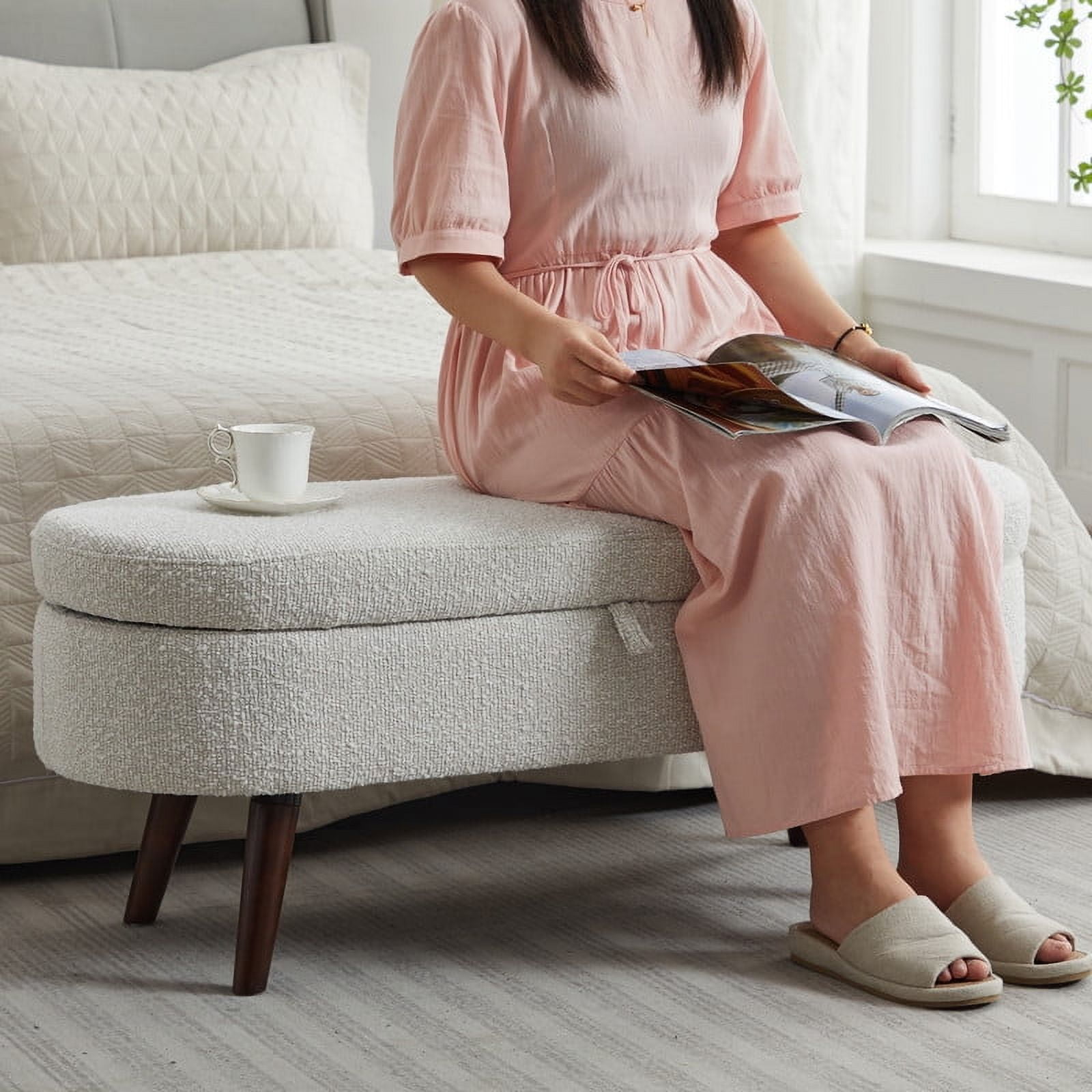 Othniel 44" Beige Boucle Storage Ottoman Bench for Living Room Bedroom Oval Footrest Wood Legs - Image 7