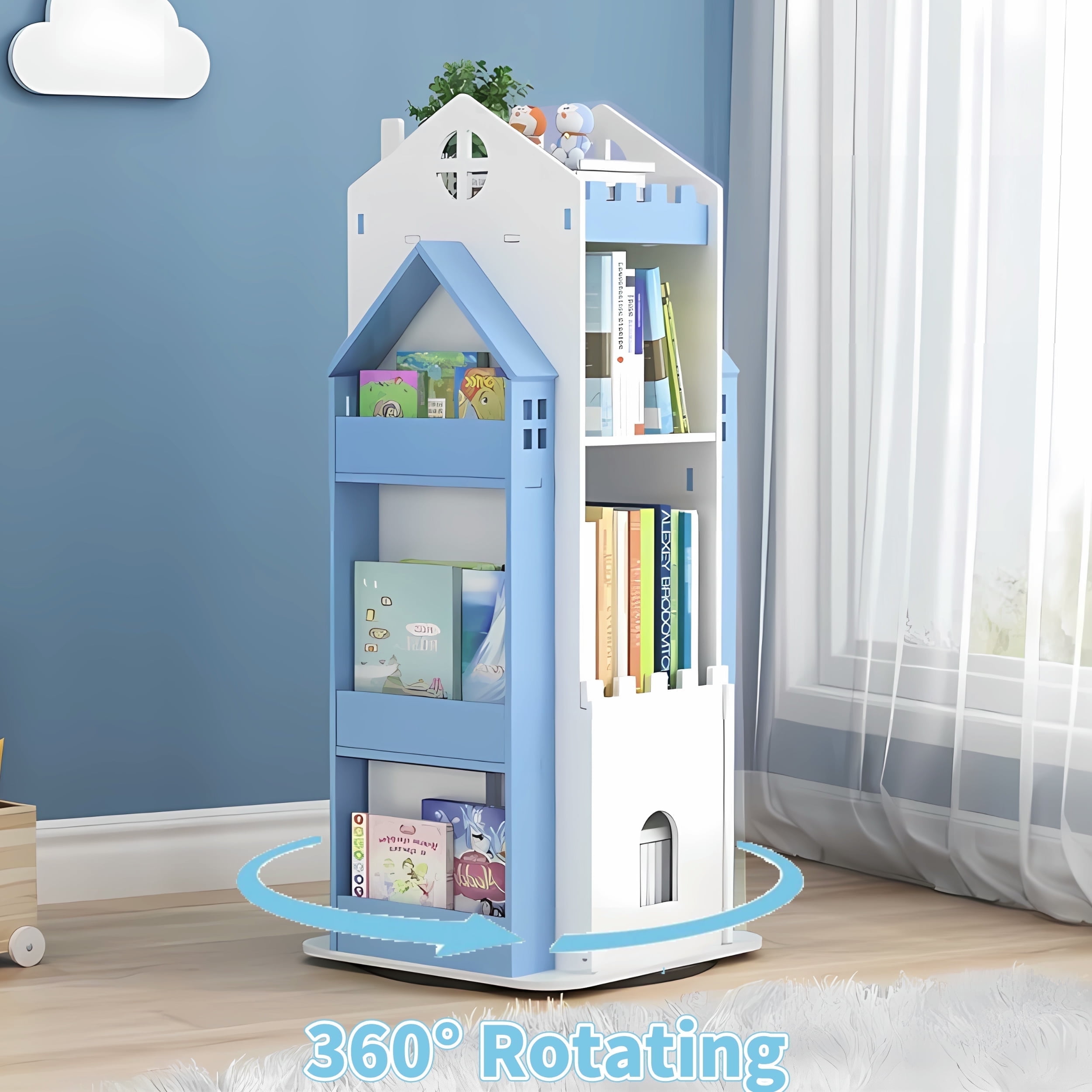 ymokee 3 Tier Rotating Bookshelf, 360° Display Rotating Bookcase, Corner Storage Rack Standing Revolving Bookcase, Swivel Bookshelf Display Rack in Bedroom Office Livingroom, Blue - Image 3