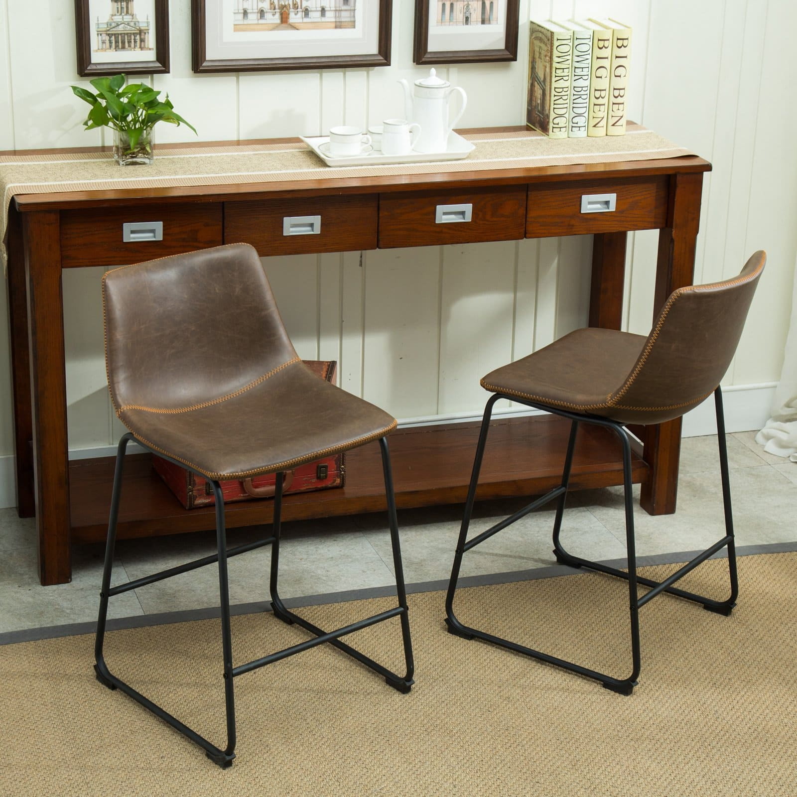 Roundhill Furniture Lotusville Vintage PU Leather Counter Height Stools, Antique Brown, Set of 2 - Image 2