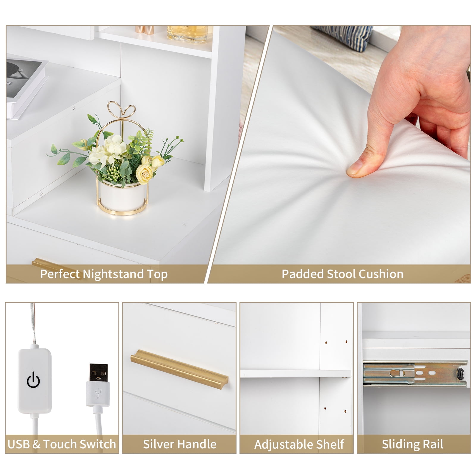 Ktaxon Vanity Table Set with Sliding Mirror, Makeup Table with Storage Cabinet, Dressing Vanity Tables, Dresser Desk for Girls, Women, White - Image 5